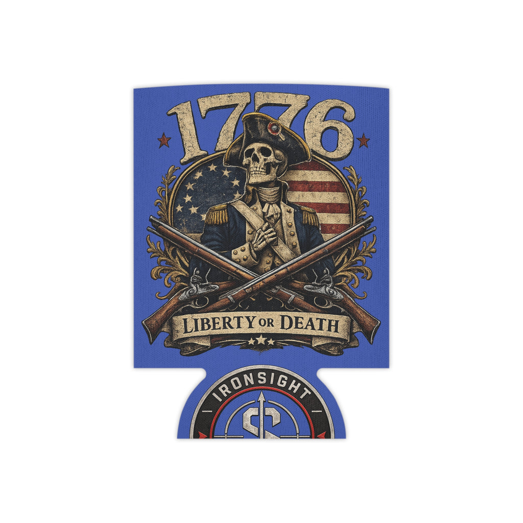 1776 Liberty or Death Patriotic Can Cooler | American Flag Skeleton Beer Koozie for Veterans & Patriots