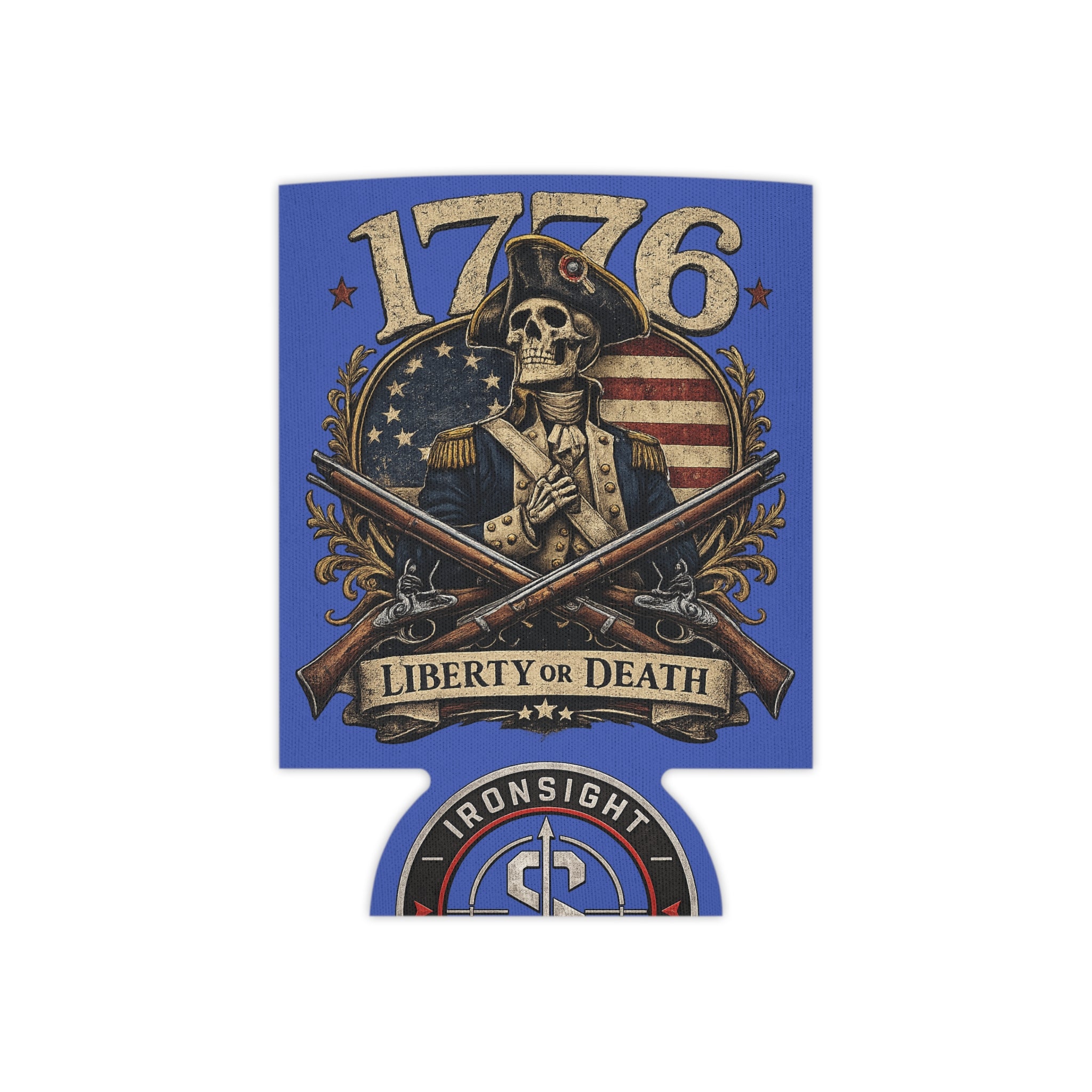 1776 Liberty or Death Patriotic Can Cooler | American Flag Skeleton Beer Koozie for Veterans & Patriots