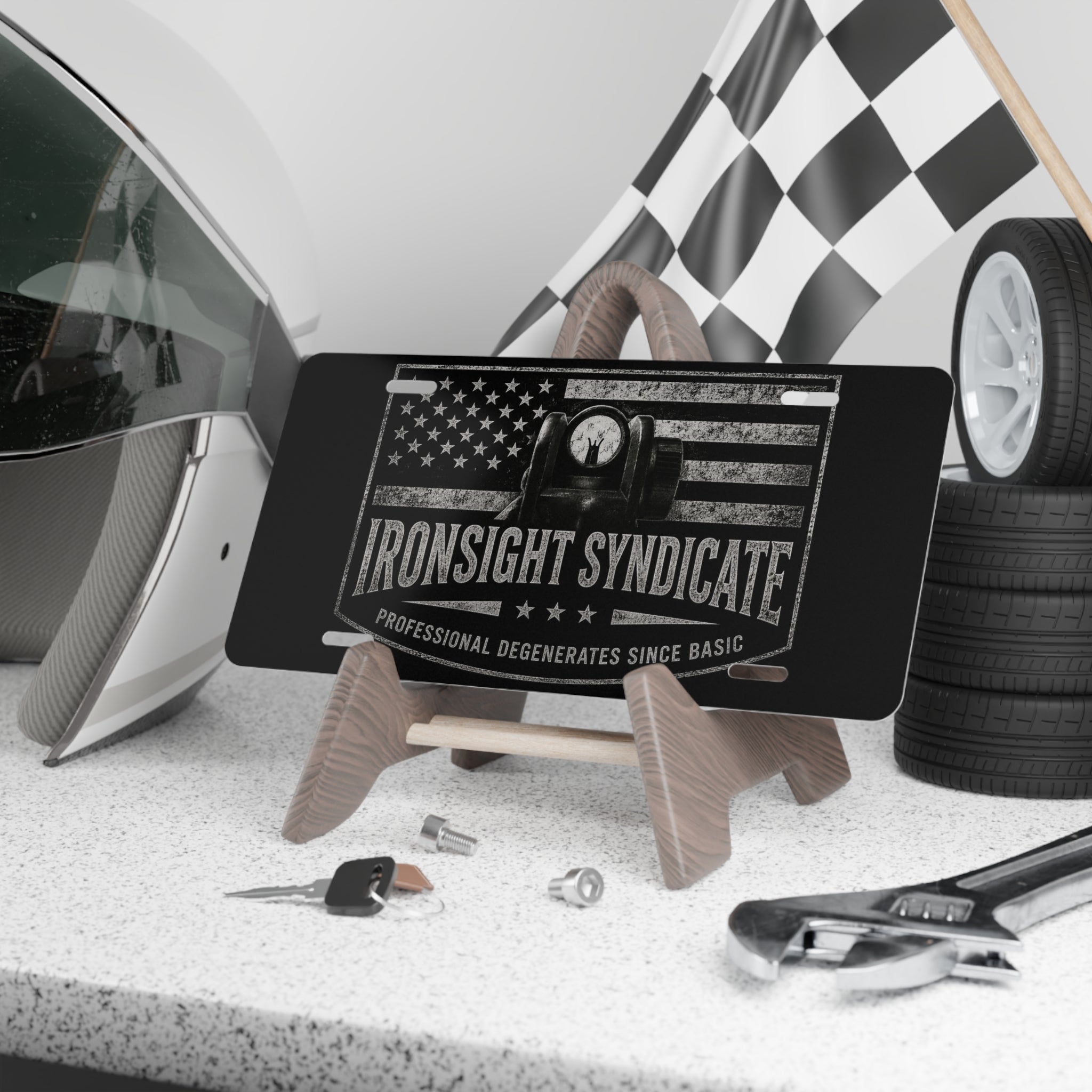 Ironsight Syndicate Metal Plate – American Flag Tactical Design ("Professional Degenerates Since Basic")