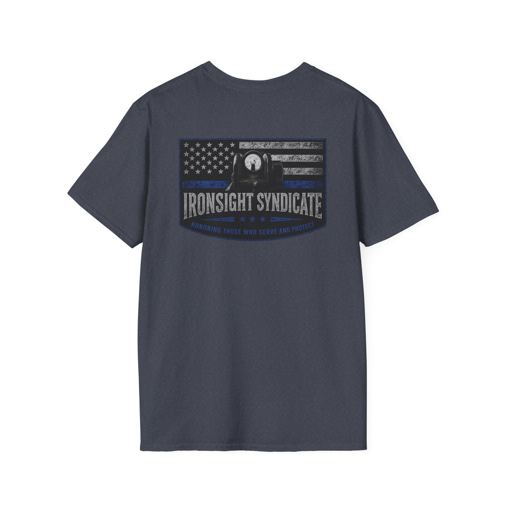 Thin Blue Line- In honor of our Brothers and Sisters in Blue T-Shirt | Patriotic Military Graphic Tee for Veterans & Patriots, Adult (13 and up), unisex