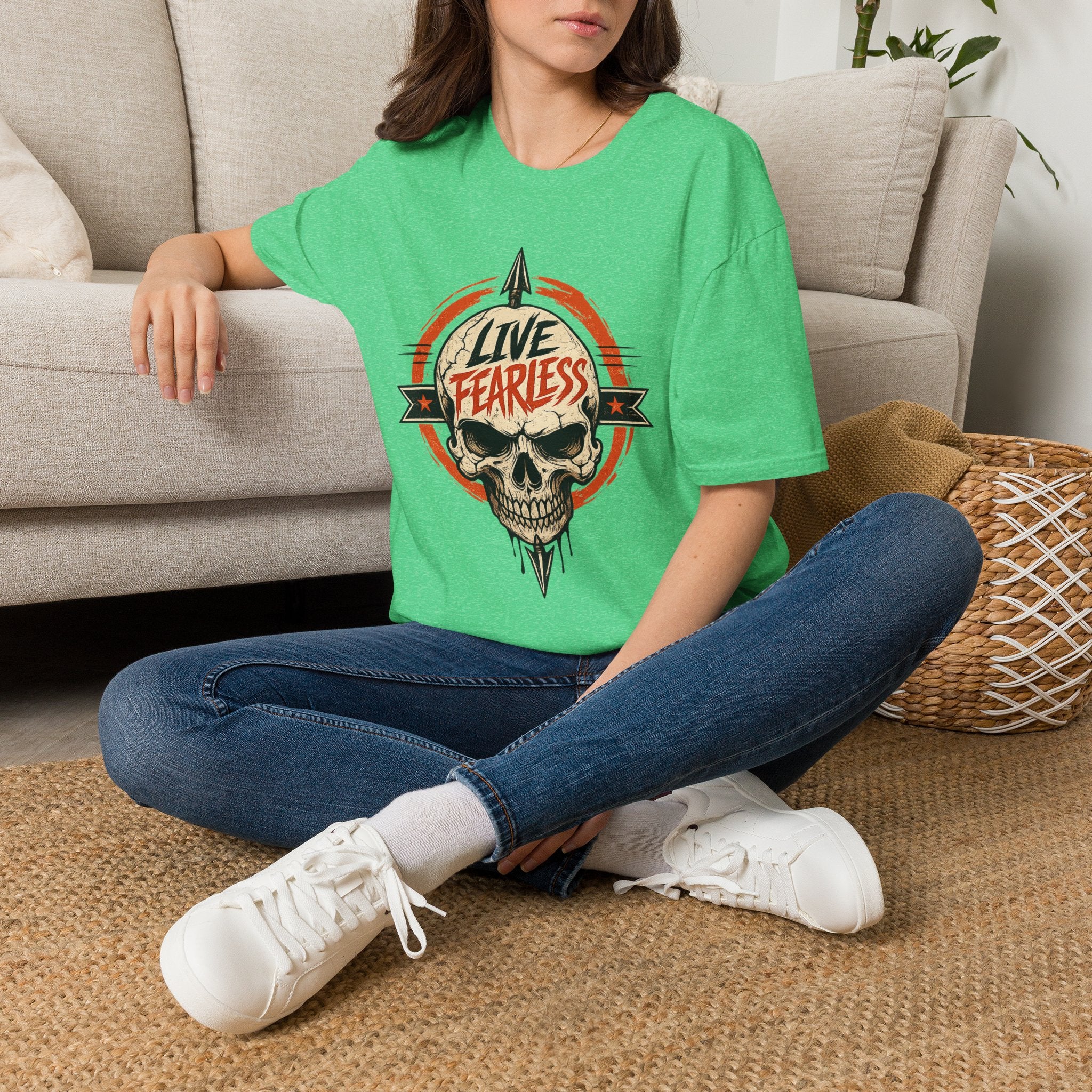 Live Fearless Skull Military T-Shirt (Front and Back) - Heather Irish Green | Ironsight Syndicate