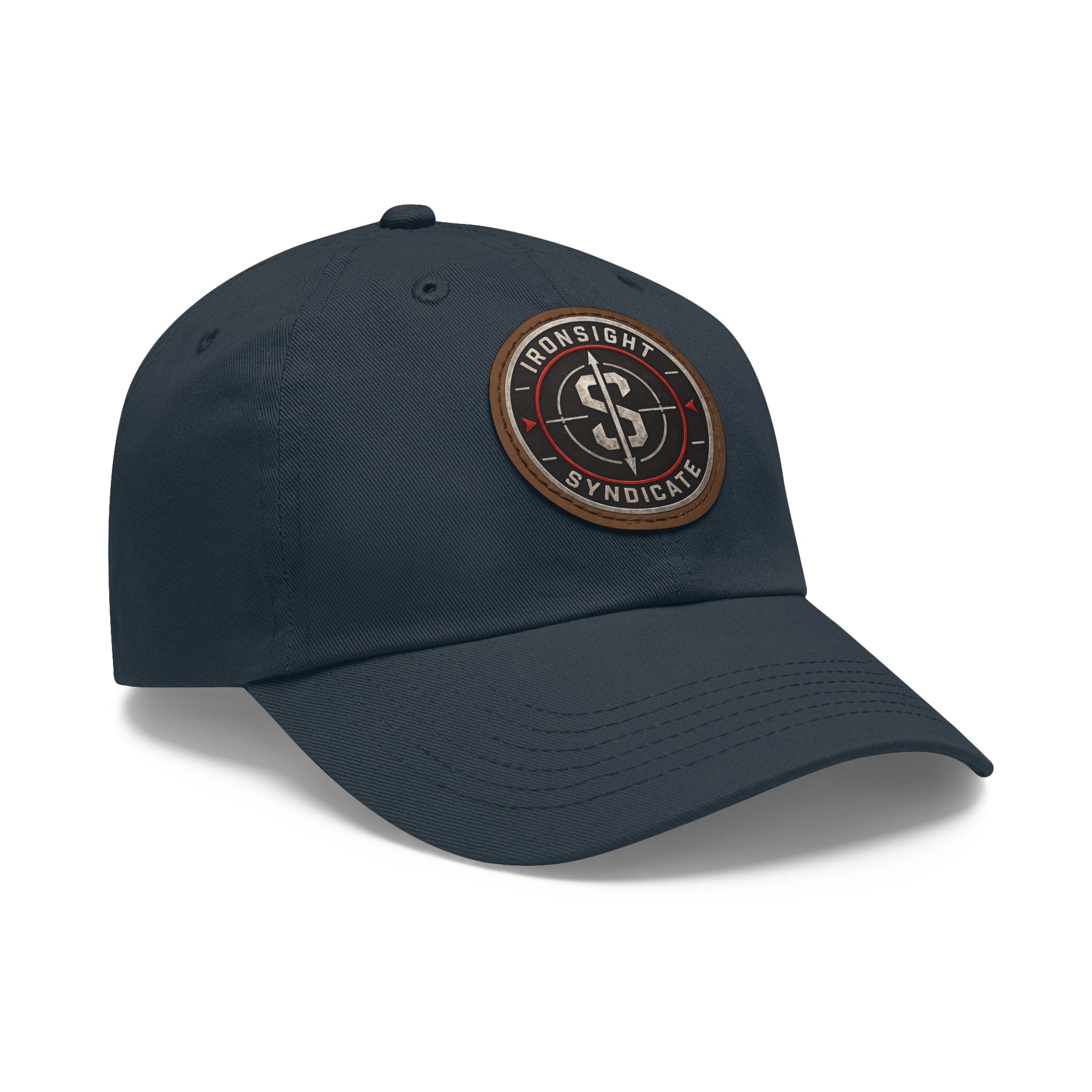 Embroidered Round Leather Patch Dad Hat – Ironsight Syndicate Logo