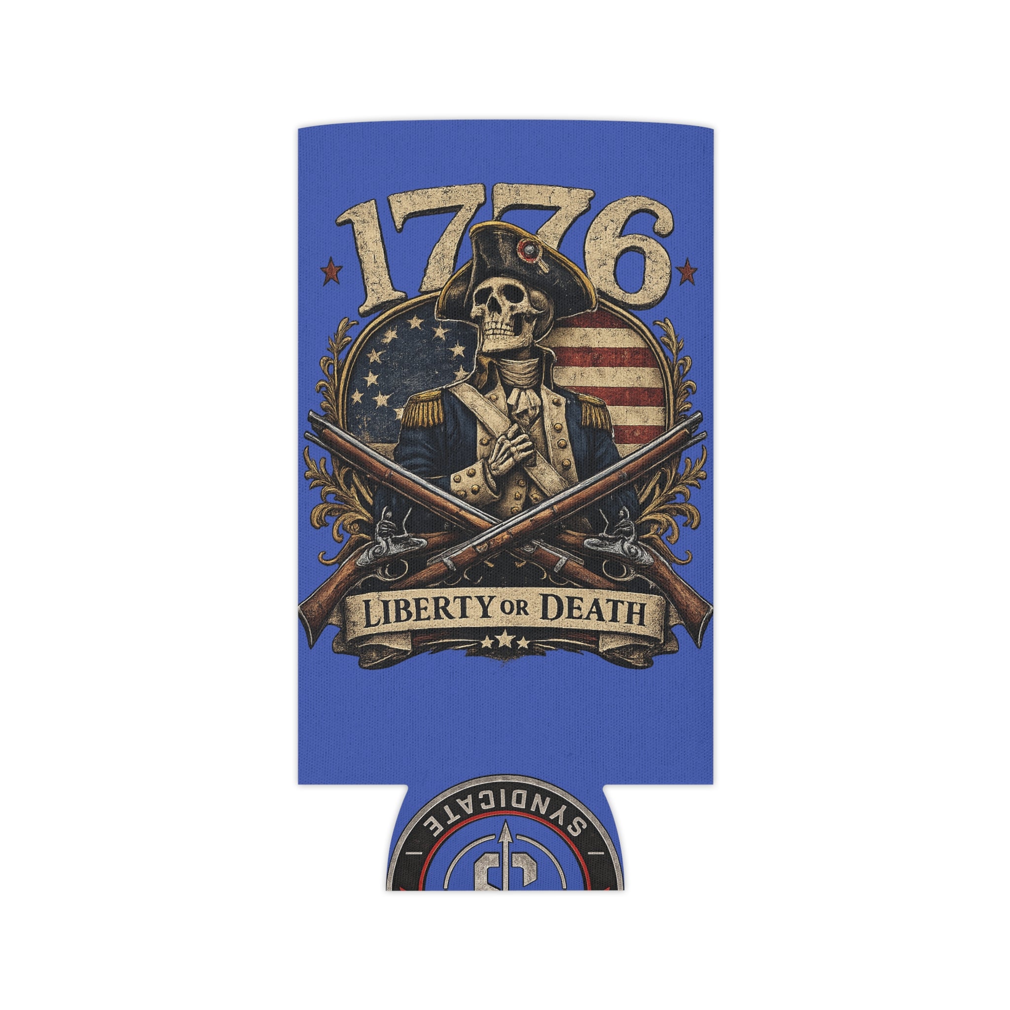 1776 Liberty or Death Patriotic Can Cooler | American Flag Skeleton Beer Koozie for Veterans & Patriots