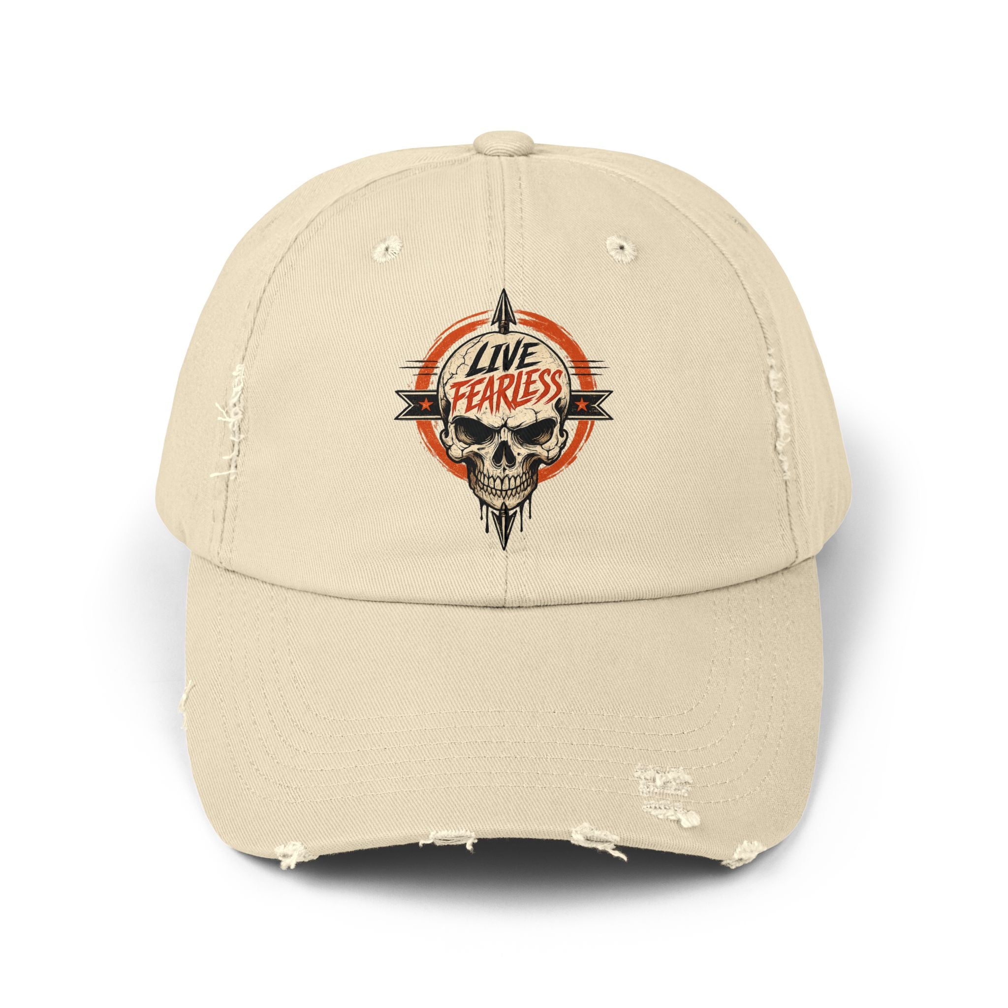 Live Fearless Distressed Cap — Vintage Skull Baseball Hat - Stone | Ironsight Syndicate