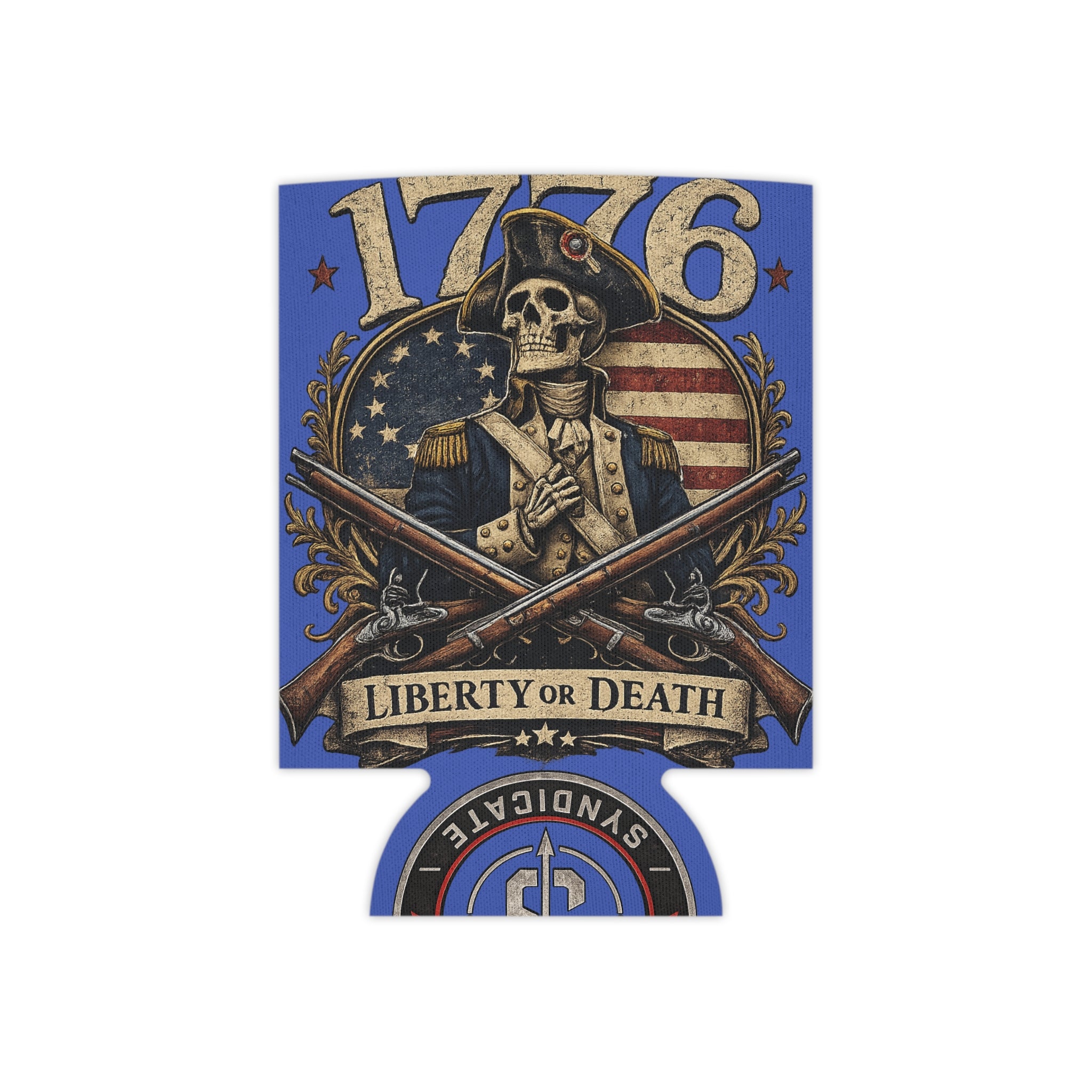 1776 Liberty or Death Patriotic Can Cooler | American Flag Skeleton Beer Koozie for Veterans & Patriots