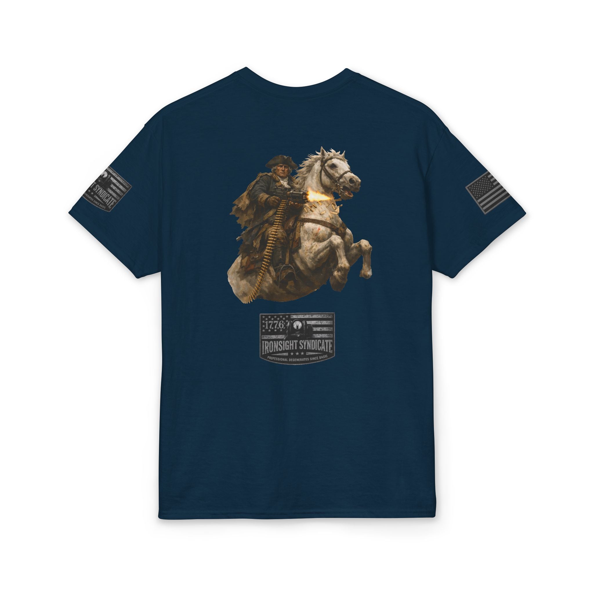 Machine gun George Washington  T-Shirt | Patriotic Military Graphic Tee for Veterans & Patriots, Adult (13 and up), unisex