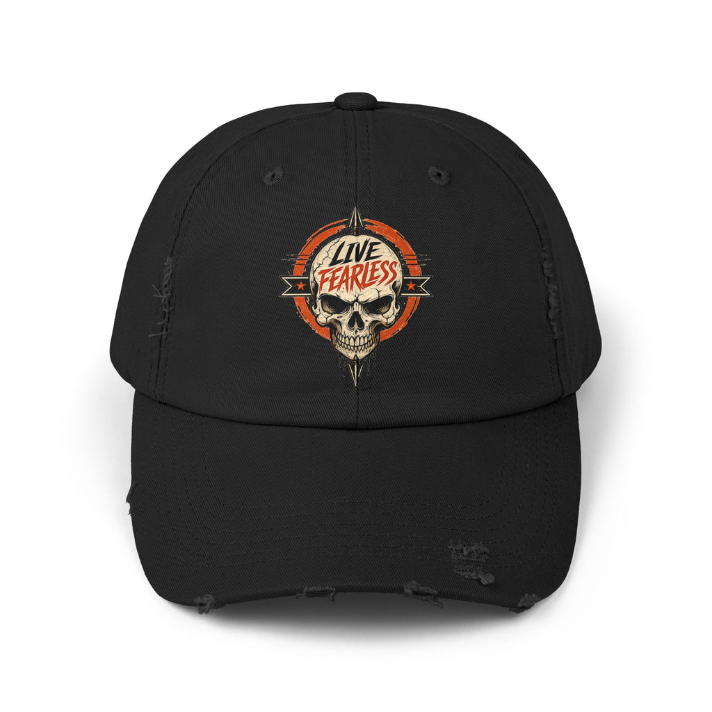 Live Fearless Distressed Cap — Vintage Skull Baseball Hat - Black | Ironsight Syndicate
