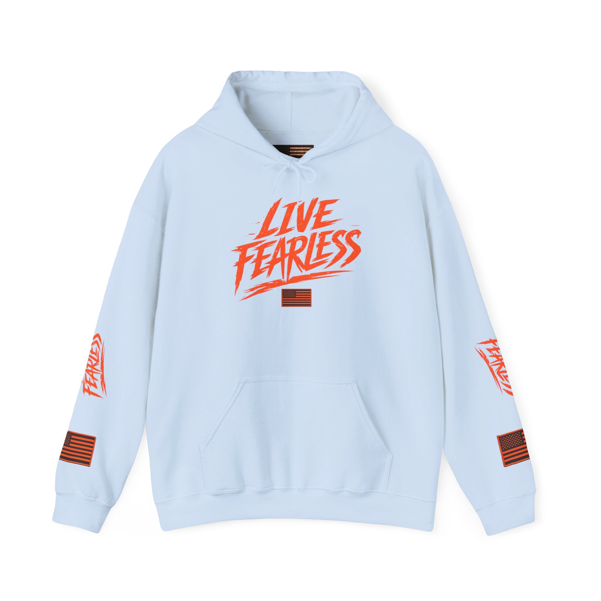 Live Fearless Hoodie (Orange)| Premium Heavy Weight-Military-Inspired Patriotic Hoodie - Light Blue | Ironsight Syndicate