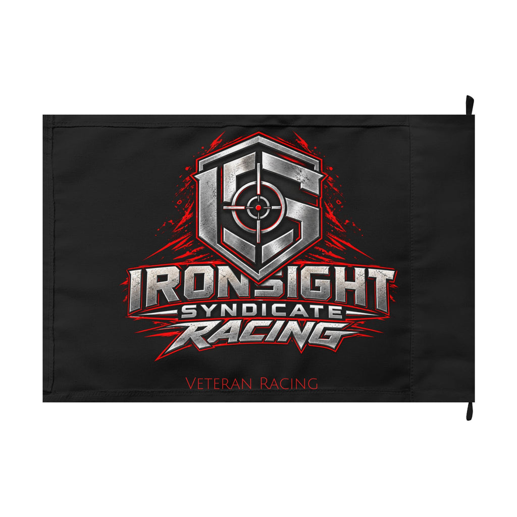 Ironsight Syndicate Racing double-sided flag, chrome and red Racing shield with Veteran Racing on black, back side, 18 x 12 inch
