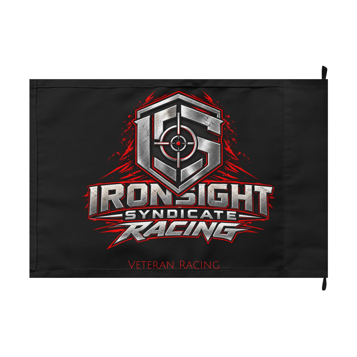 Ironsight Syndicate Racing double-sided flag, chrome and red Racing shield with Veteran Racing on black, back side, 18 x 12 inch