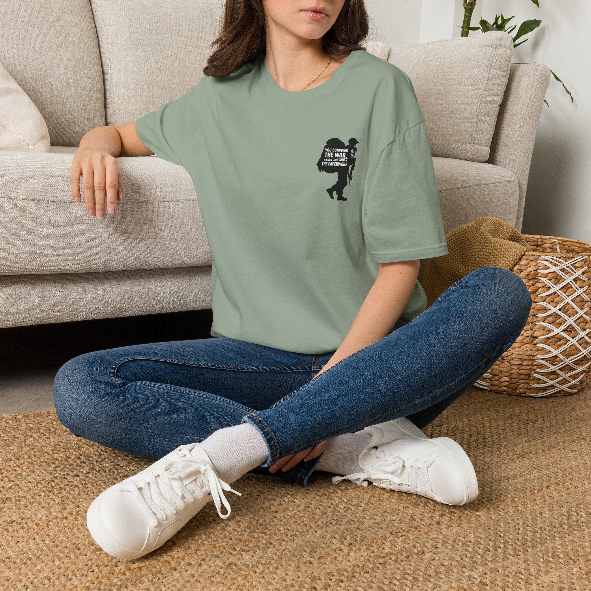 You Survived the War Good Luck With The Paperwork T-Shirt (Black Graphic) - Sage