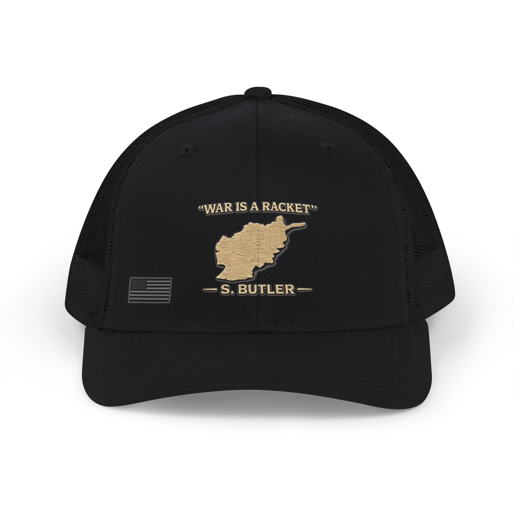 War is a Racket Veteran Trucker Cap - Black / Black | Ironsight Syndicate