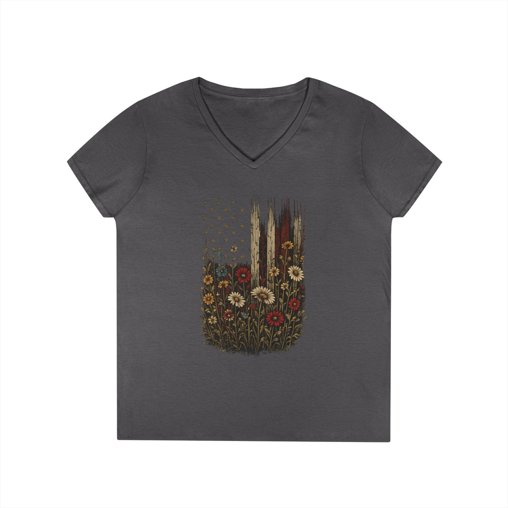 Wrapped in Old Glory-Ladies' V-Neck T-Shirt — Patriotic Sunflower Flag Graphic Tee