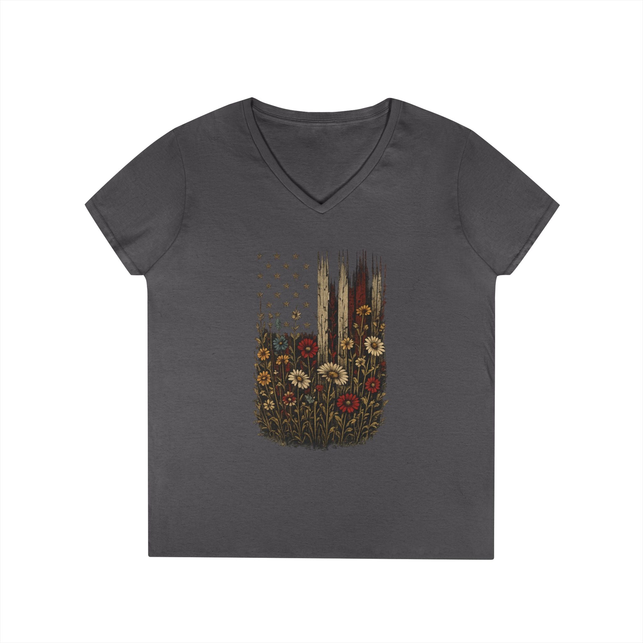 Wrapped in Old Glory-Ladies' V-Neck T-Shirt — Patriotic Sunflower Flag Graphic Tee