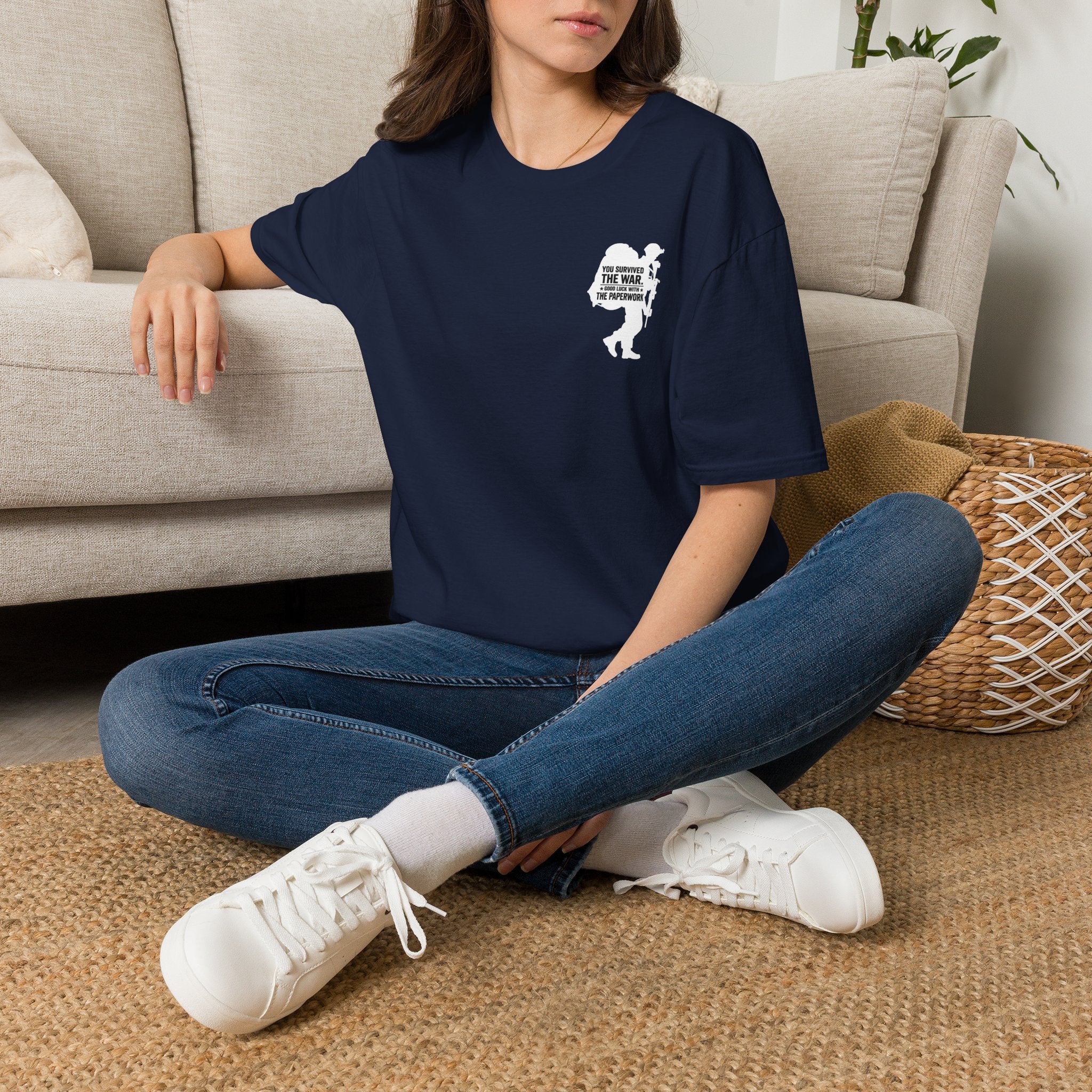 You Survived the War Good Luck With The Paperwork T-Shirt (White Graphic) - Navy