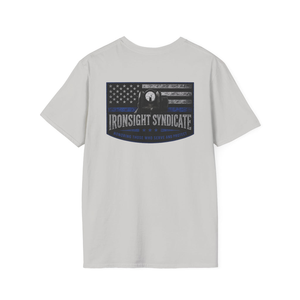 Thin Blue Line- In honor of our Brothers and Sisters in Blue T-Shirt | Patriotic Military Graphic Tee for Veterans & Patriots, Adult (13 and up), unisex