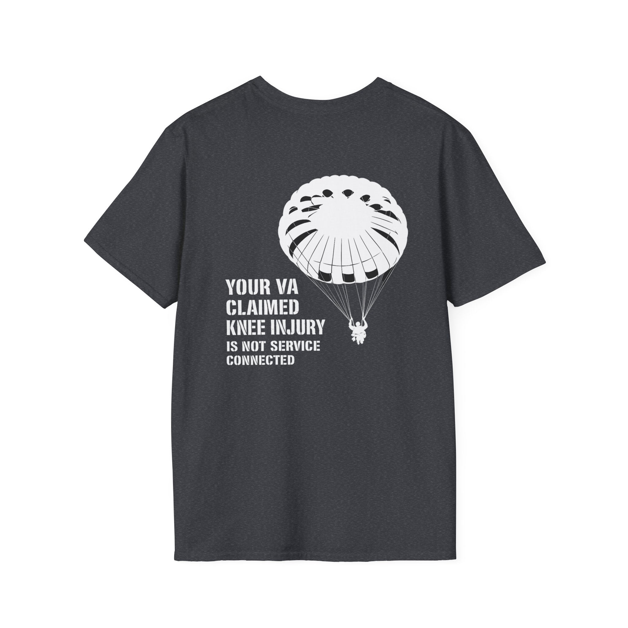 VA Knee Injury is not Service Connected T-Shirt (White Graphic) - Dark Heather Grey | Ironsight Syndicate