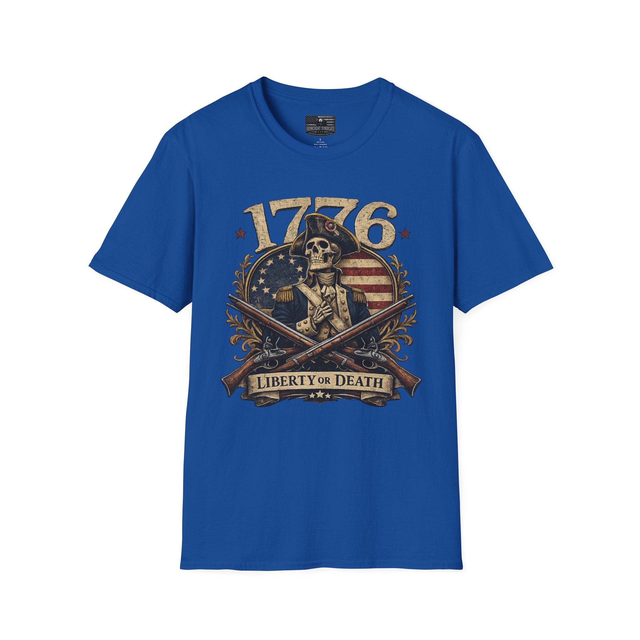 1776 Liberty or Death T-Shirt — Patriotic Revolutionary War Skull Tee