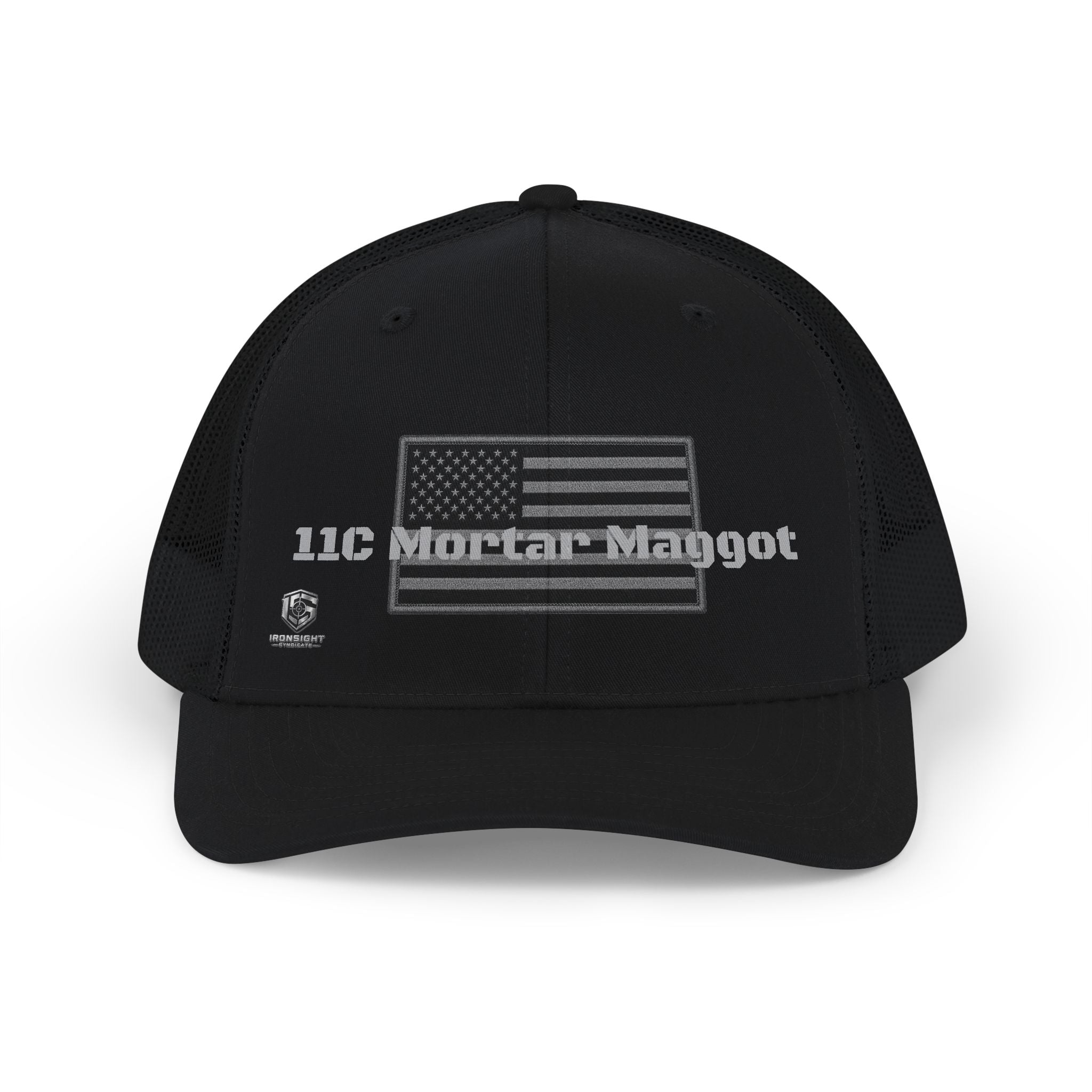 11C Mortar Maggot - Army Mortar Trucker Hat - Black / Black | Ironsight Syndicate