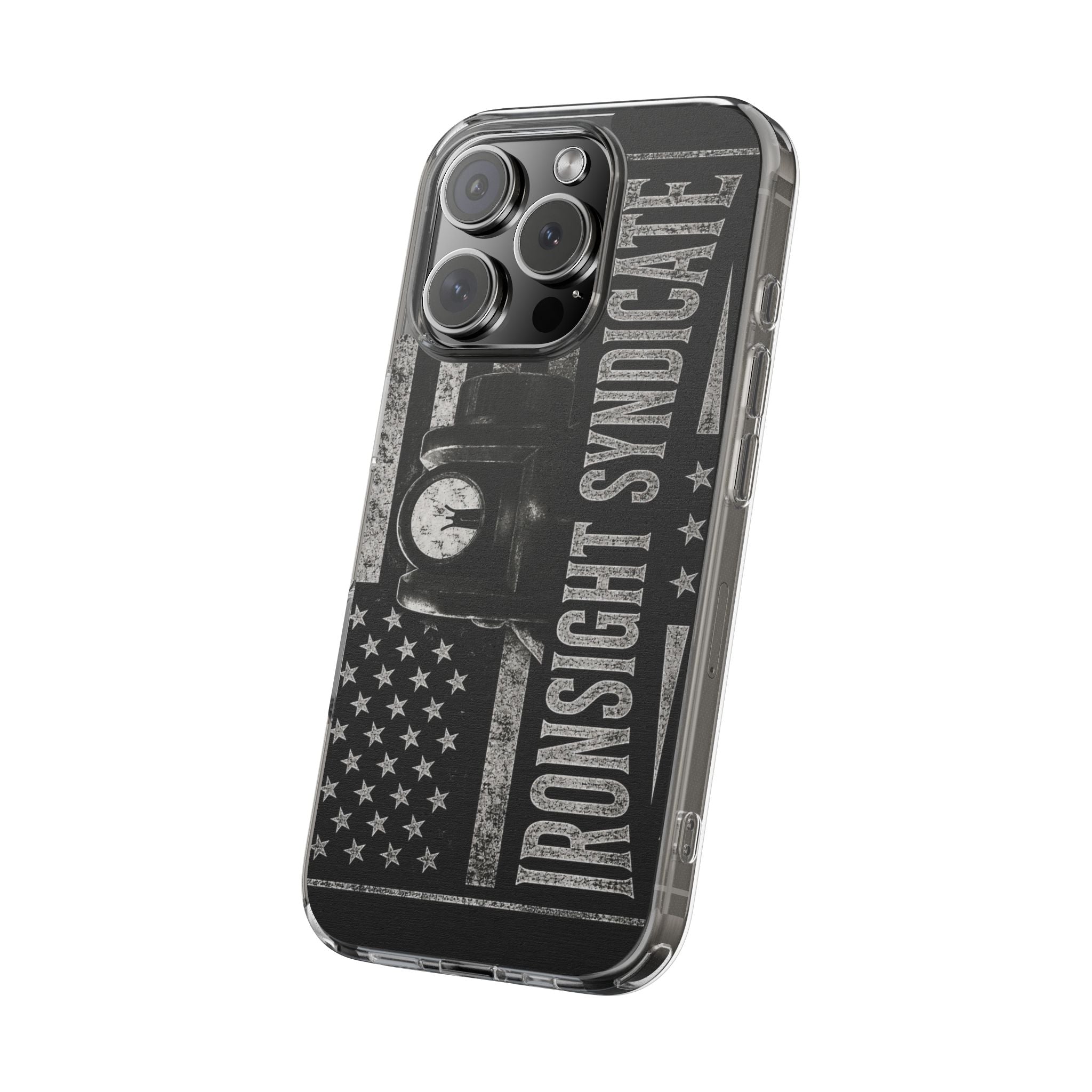 Clear Impact-Resistant Phone Case — "Ironsight Syndicate" Vintage Patriot Design