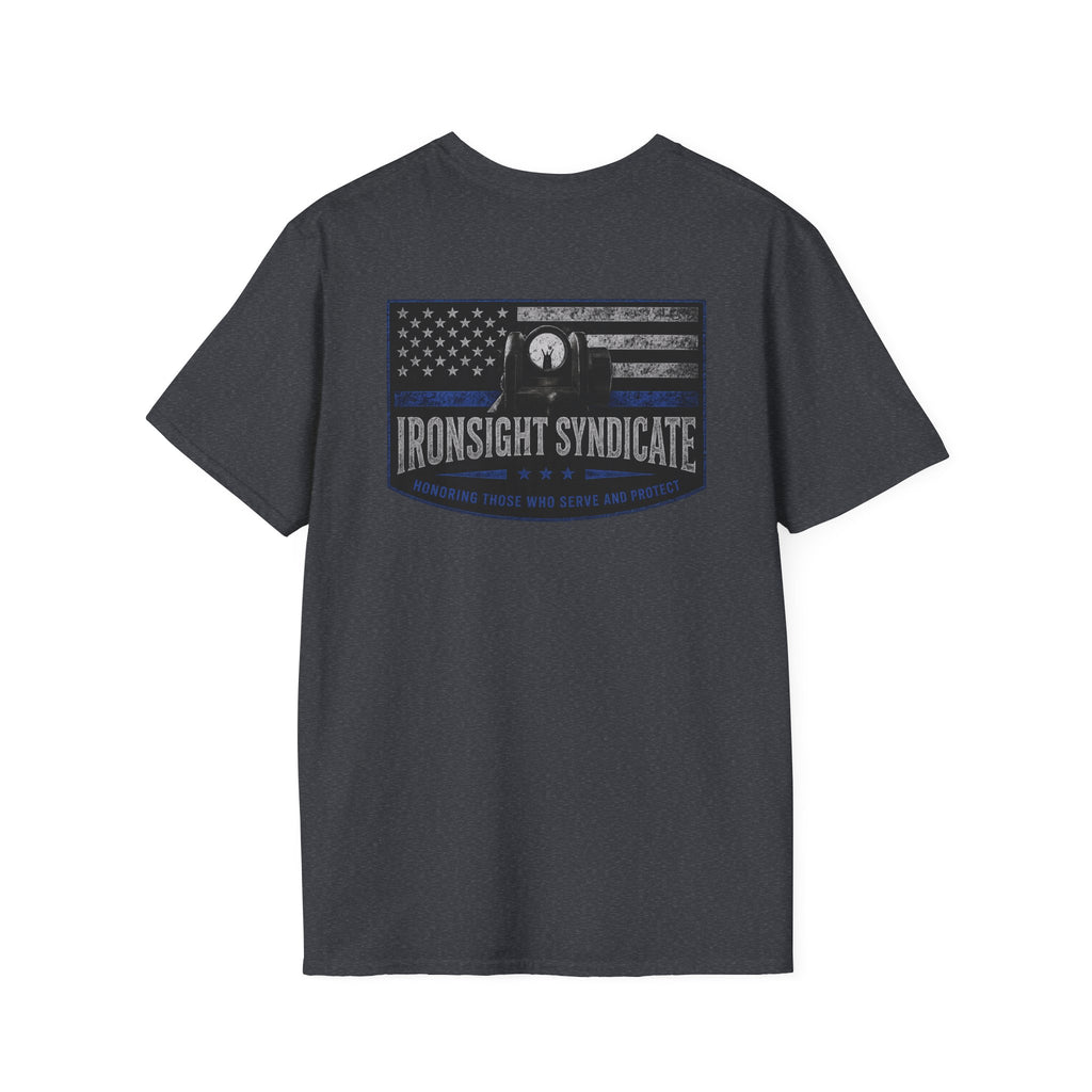 Thin Blue Line- In honor of our Brothers and Sisters in Blue T-Shirt | Patriotic Military Graphic Tee for Veterans & Patriots, Adult (13 and up), unisex