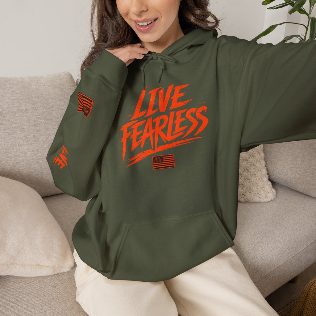 Live Fearless Hoodie (Orange)| Premium Heavy Weight-Military-Inspired Patriotic Hoodie | Ironsight Syndicate