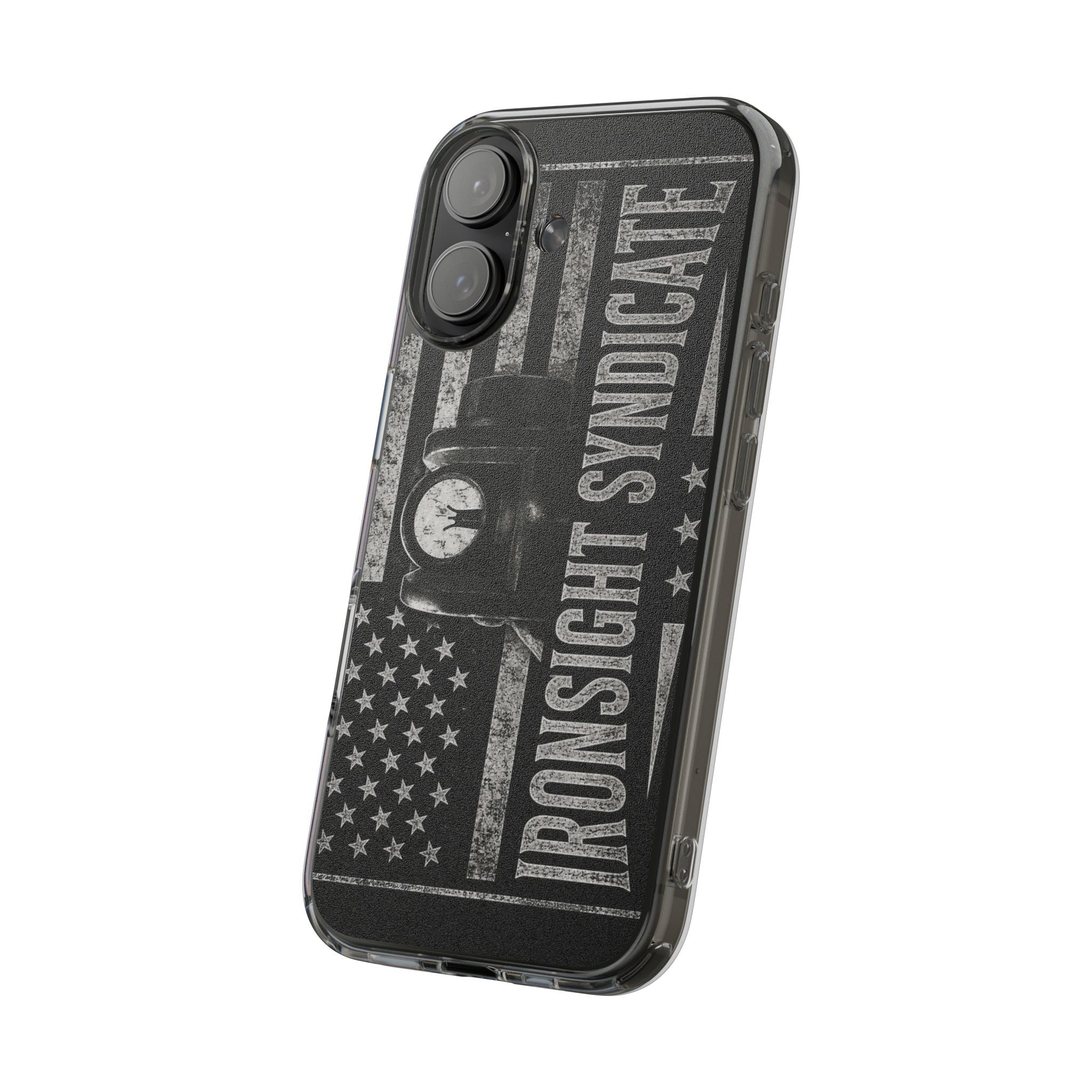 Clear Impact-Resistant Phone Case — "Ironsight Syndicate" Vintage Patriot Design