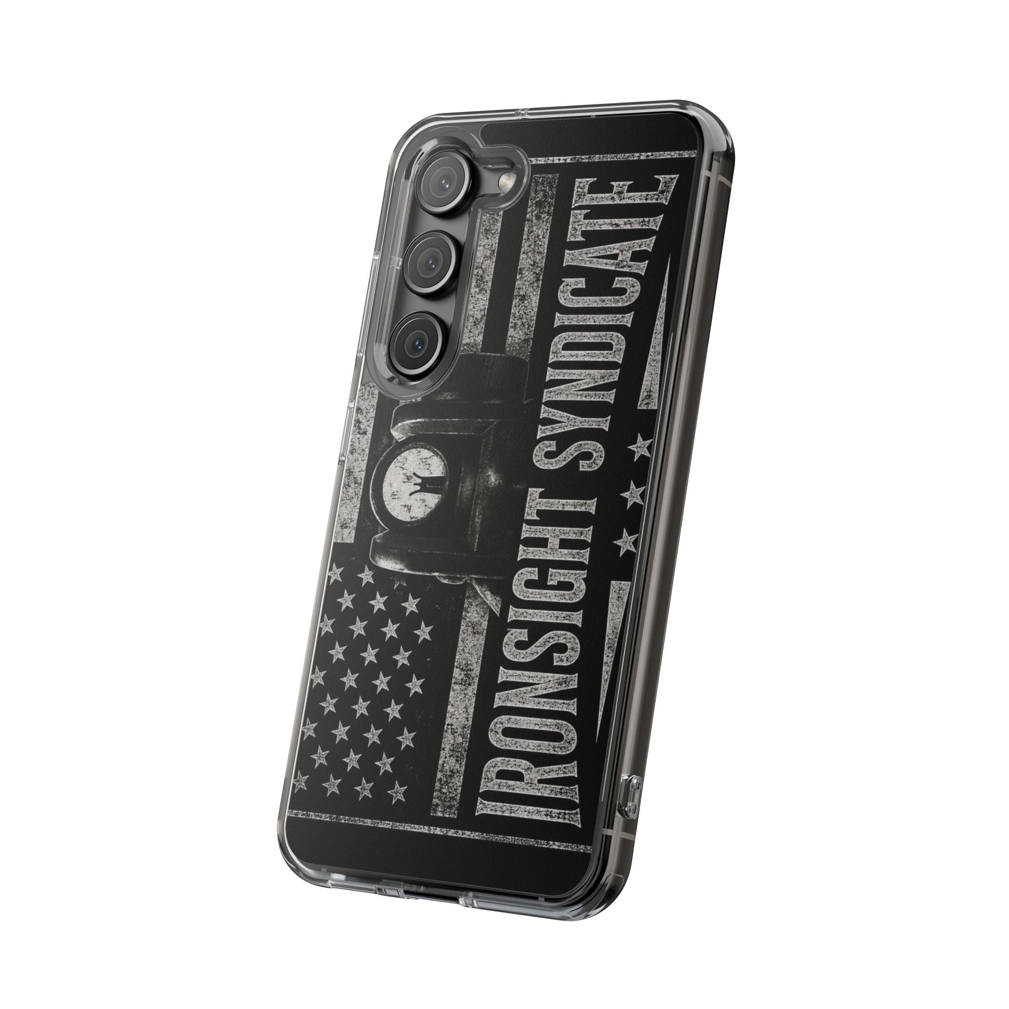 Clear Impact-Resistant Phone Case — "Ironsight Syndicate" Vintage Patriot Design