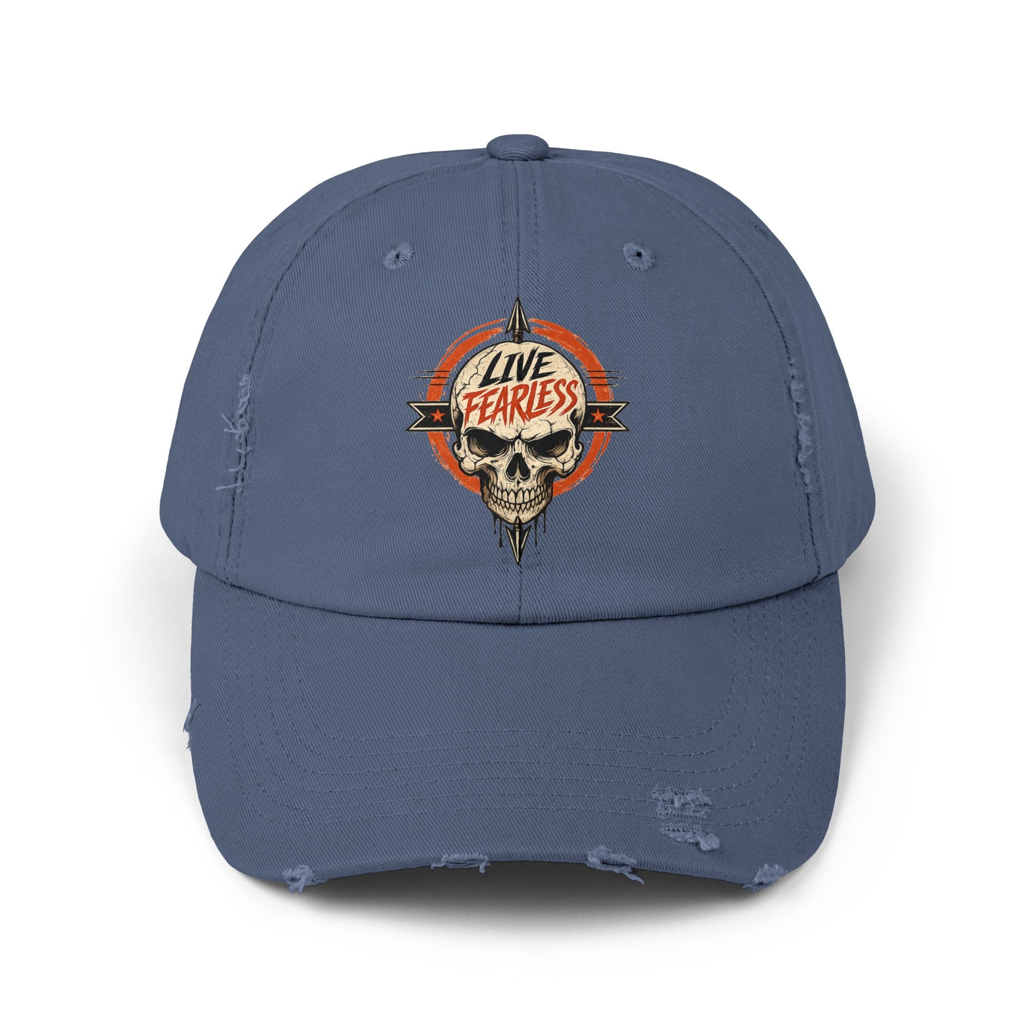 Live Fearless Distressed Cap — Vintage Skull Baseball Hat - Scotland Blue | Ironsight Syndicate