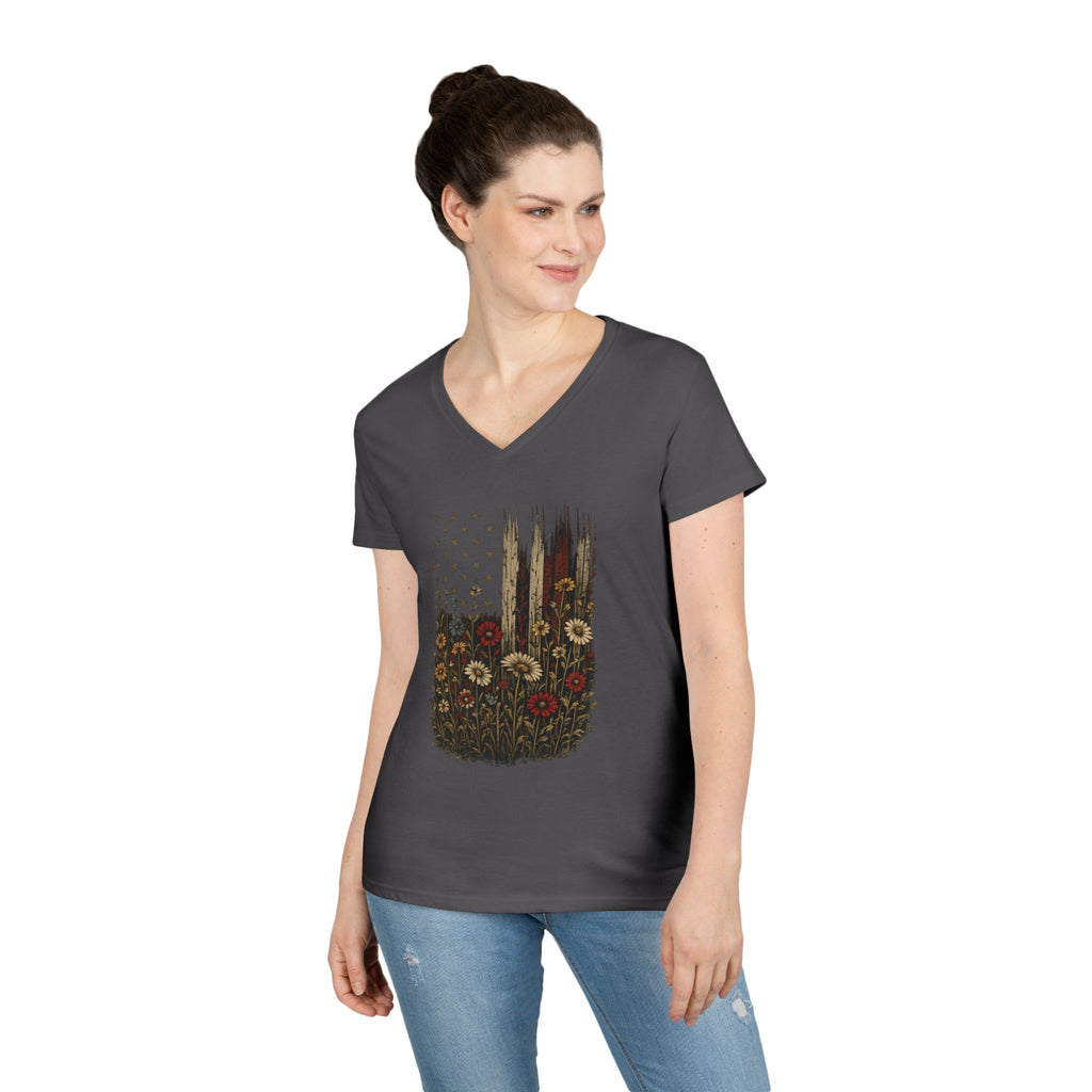 Wrapped in Old Glory-Ladies' V-Neck T-Shirt — Patriotic Sunflower Flag Graphic Tee
