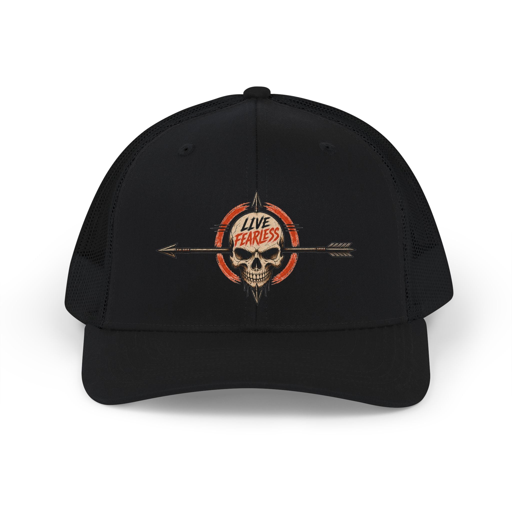 Live Fearless Skull Trucker Hat - Black / Black | Ironsight Syndicate
