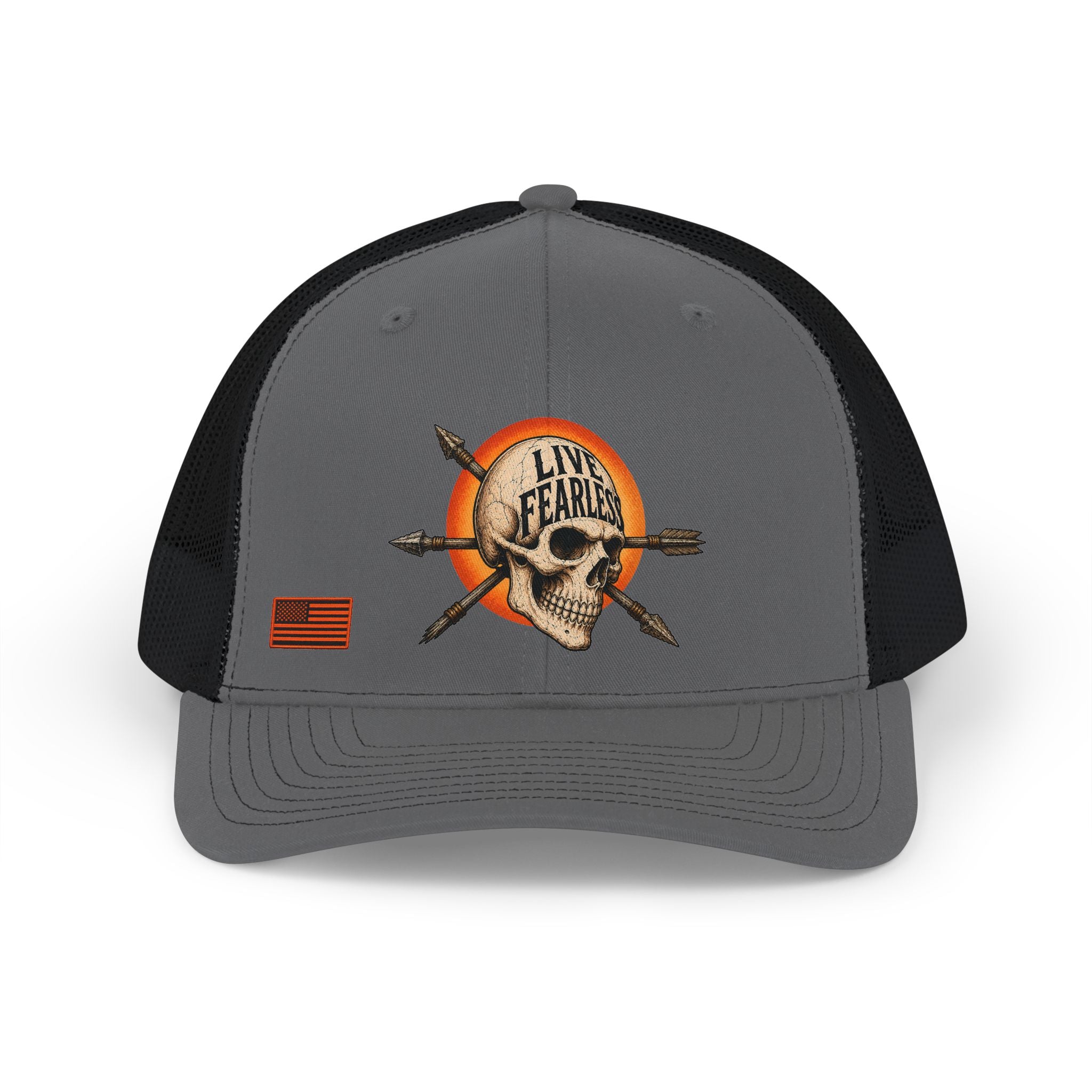 Live Fearless Ancient Warrior Skull Trucker Hat - Charcoal / Black | Ironsight Syndicate