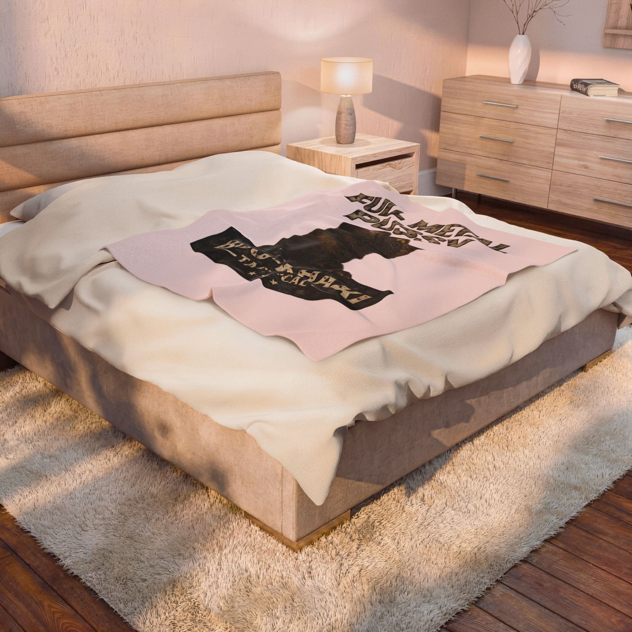 Velveteen Blanket – “Full Metal Pussy” (Cat) Boo-Khaki Tactical Dog Throw