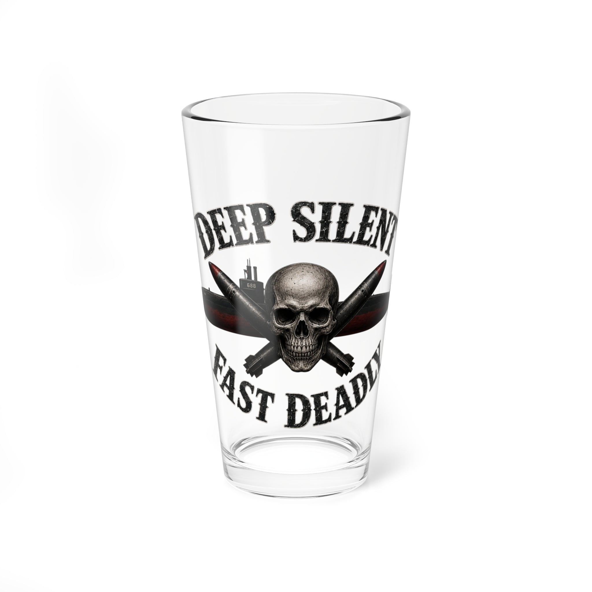 Mixing Glass - "Deep Silent, Fast Deadly" Skull & Submarine Pint Glass (16 oz)