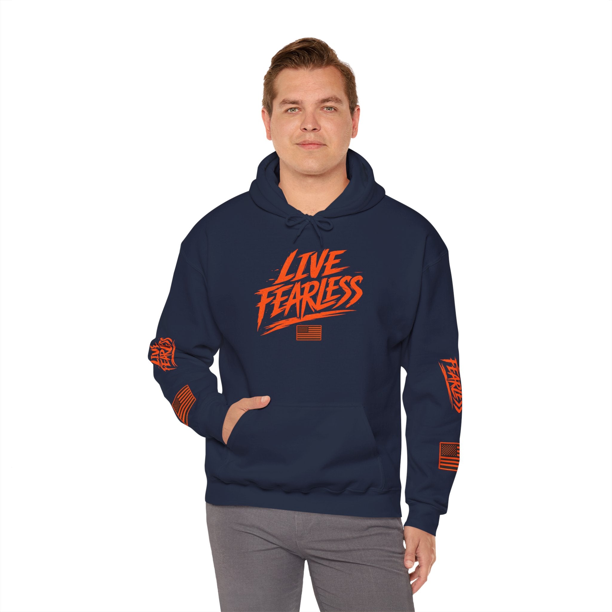 Live Fearless Hoodie (Orange)| Premium Heavy Weight-Military-Inspired Patriotic Hoodie - Navy | Ironsight Syndicate