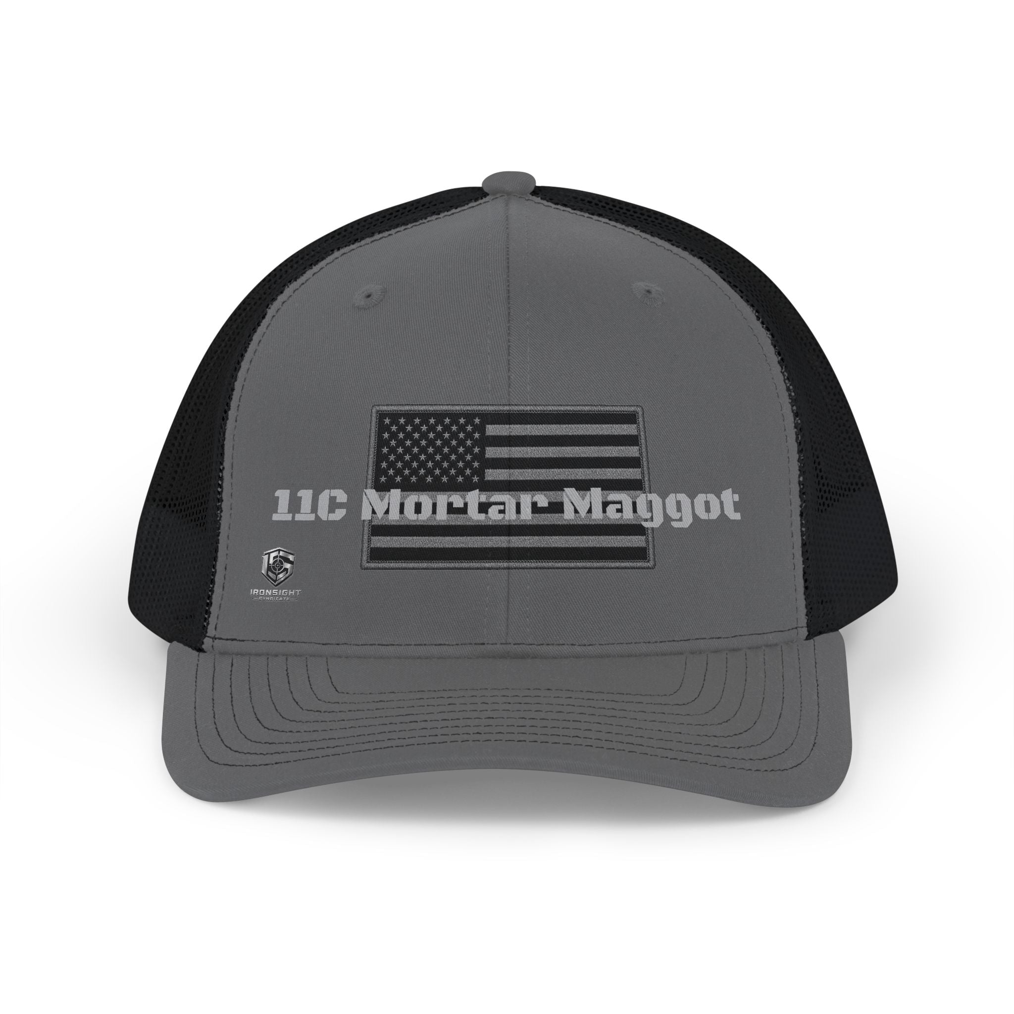 11C Mortar Maggot - Army Mortar Trucker Hat - Charcoal / Black | Ironsight Syndicate