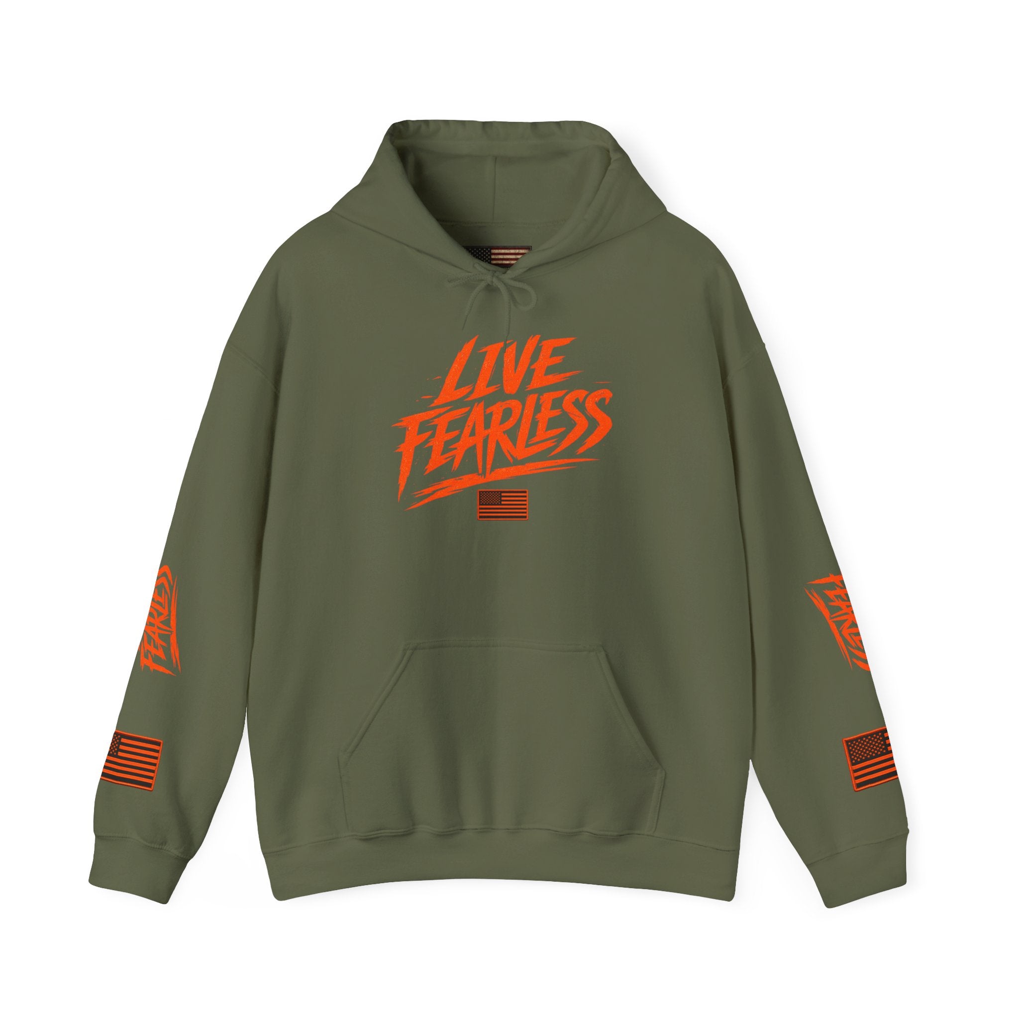 Live Fearless Hoodie (Orange)| Premium Heavy Weight-Military-Inspired Patriotic Hoodie - Military Green | Ironsight Syndicate