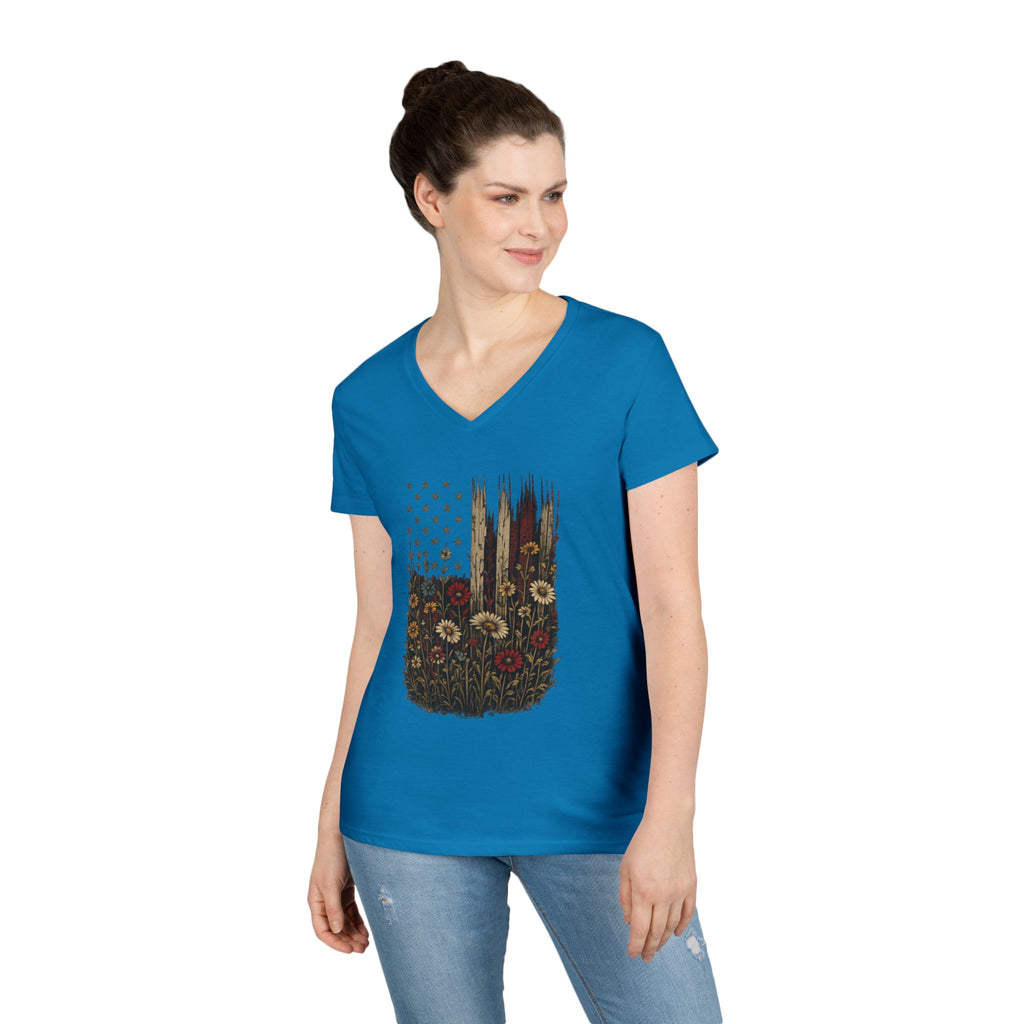 Wrapped in Old Glory-Ladies' V-Neck T-Shirt — Patriotic Sunflower Flag Graphic Tee