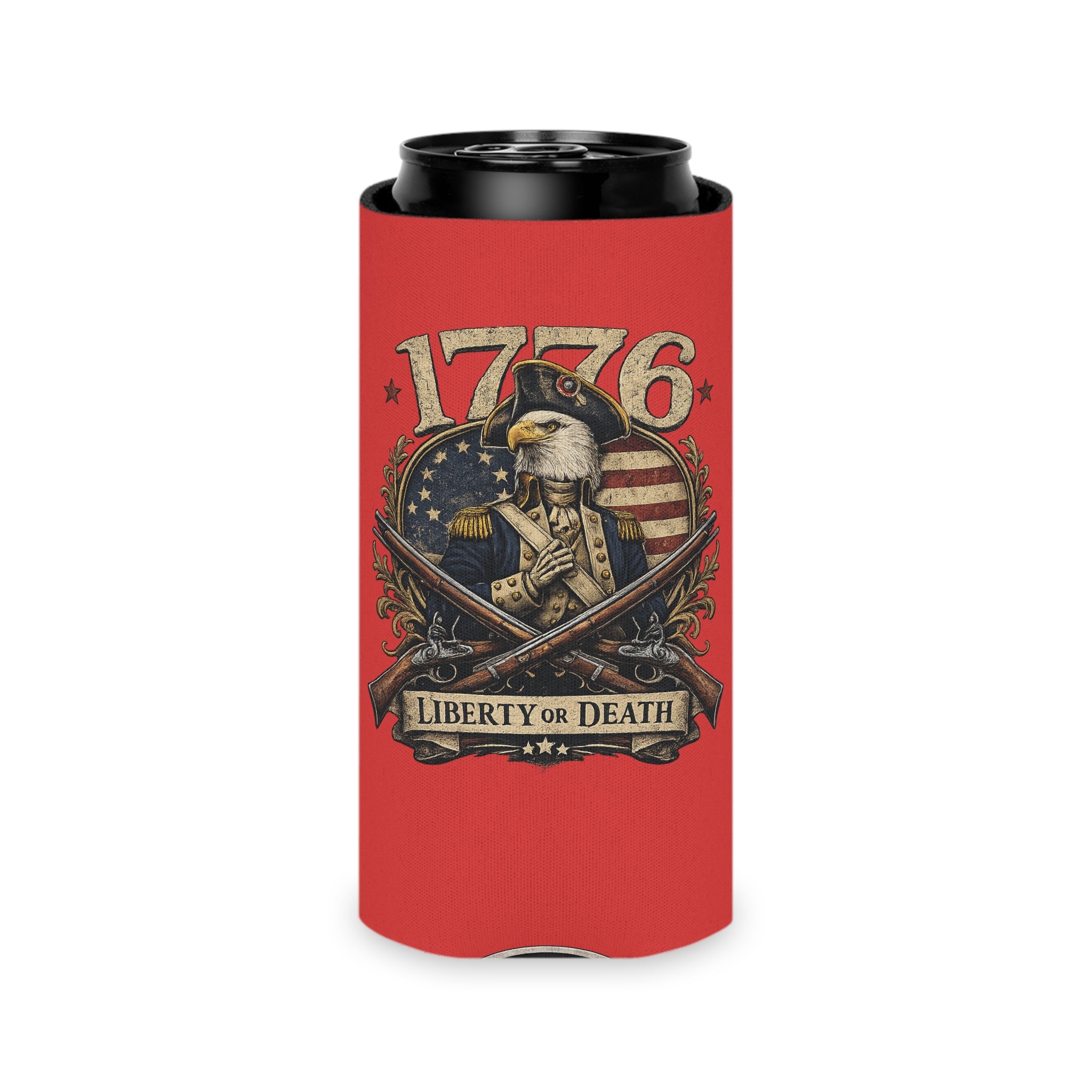 1776 Liberty or Death Patriotic Can Cooler | American Flag Skeleton Beer Koozie for Veterans & Patriots