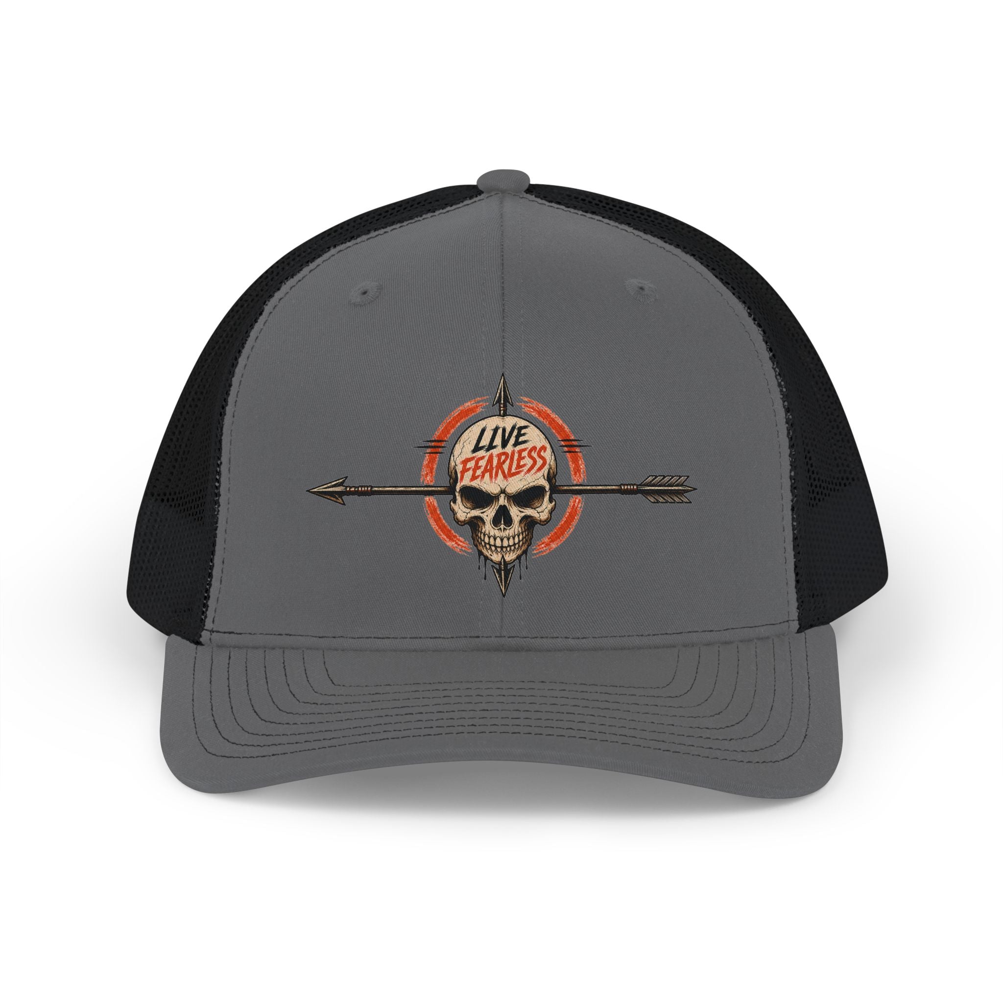 Live Fearless Skull Trucker Hat - Charcoal / Black | Ironsight Syndicate