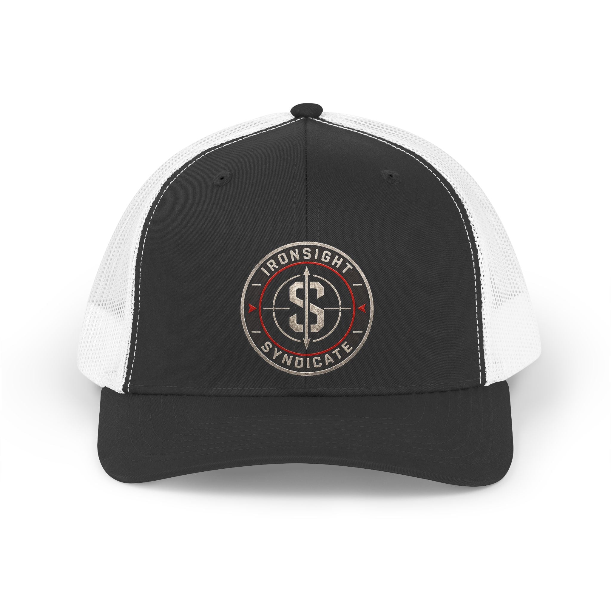 Retro Trucker Hat – Ironsight Syndicate Distressed Logo  | Patriotic USA Snapback Mesh Cap for Veterans & Patriots