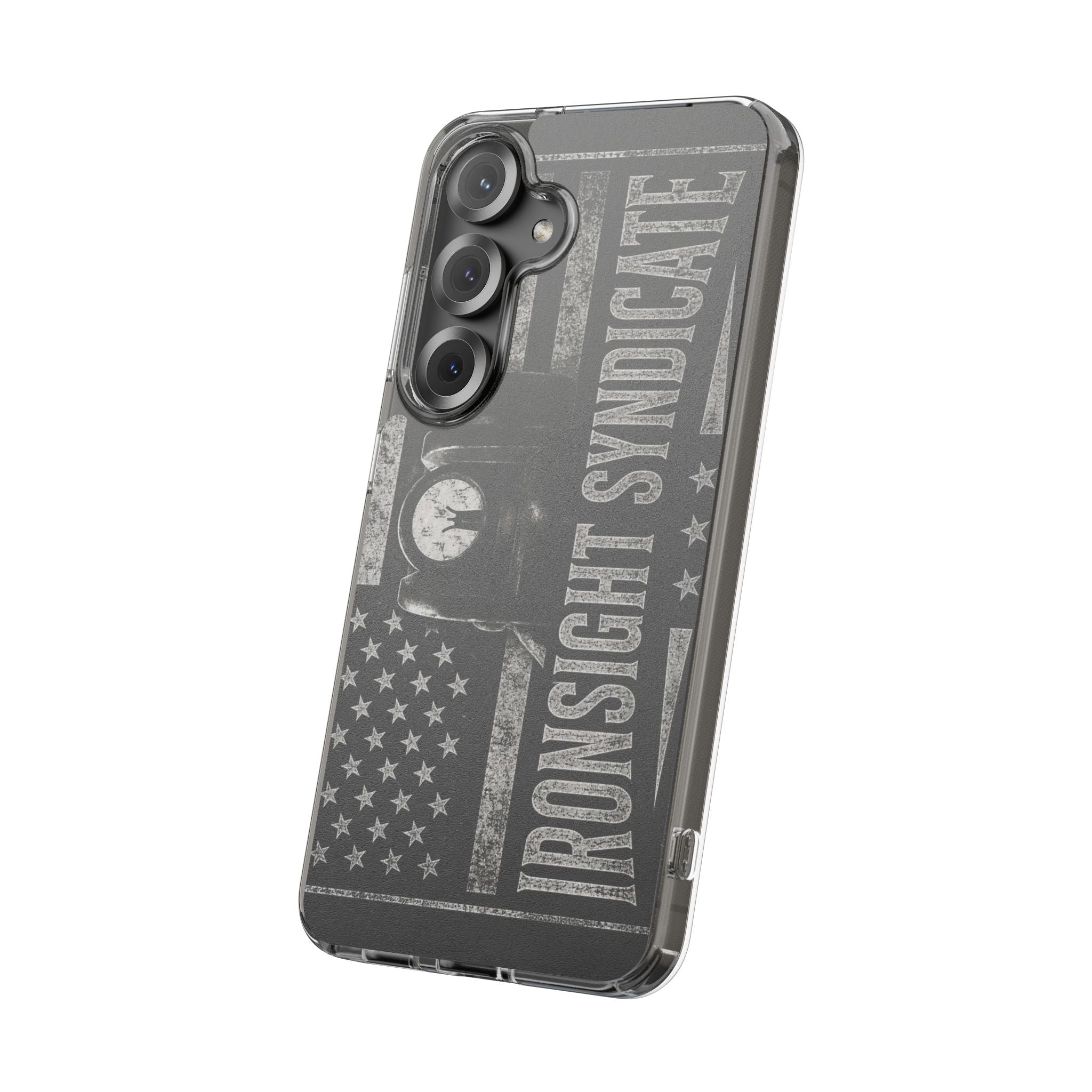 Clear Impact-Resistant Phone Case — "Ironsight Syndicate" Vintage Patriot Design