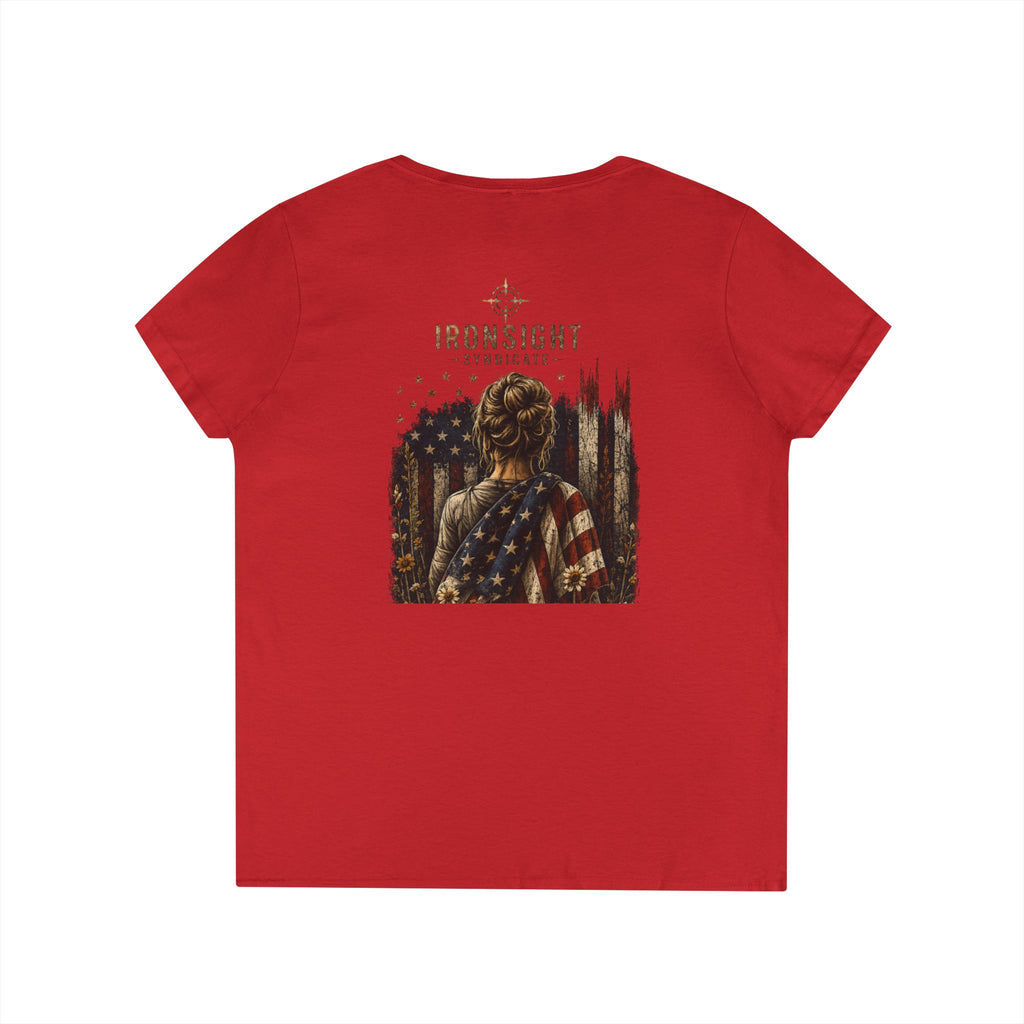 Wrapped in Old Glory-Ladies' V-Neck T-Shirt — Patriotic Sunflower Flag Graphic Tee