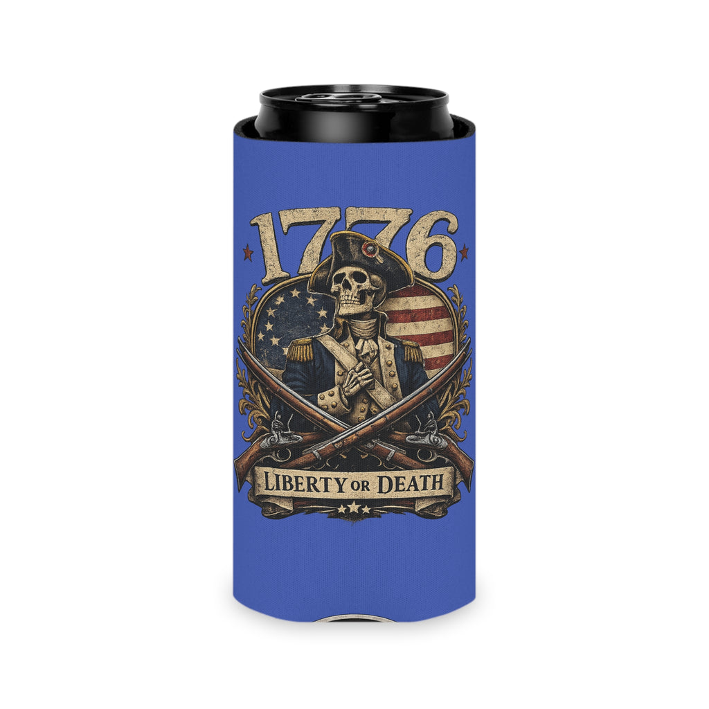 1776 Liberty or Death Patriotic Can Cooler | American Flag Skeleton Beer Koozie for Veterans & Patriots