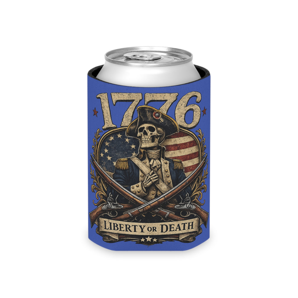 1776 Liberty or Death Patriotic Can Cooler | American Flag Skeleton Beer Koozie for Veterans & Patriots