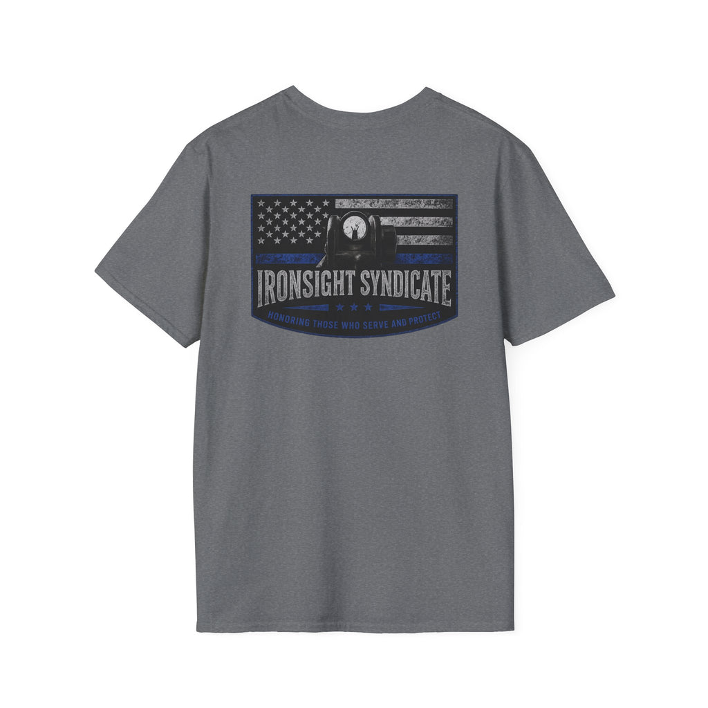 Thin Blue Line- In honor of our Brothers and Sisters in Blue T-Shirt | Patriotic Military Graphic Tee for Veterans & Patriots, Adult (13 and up), unisex