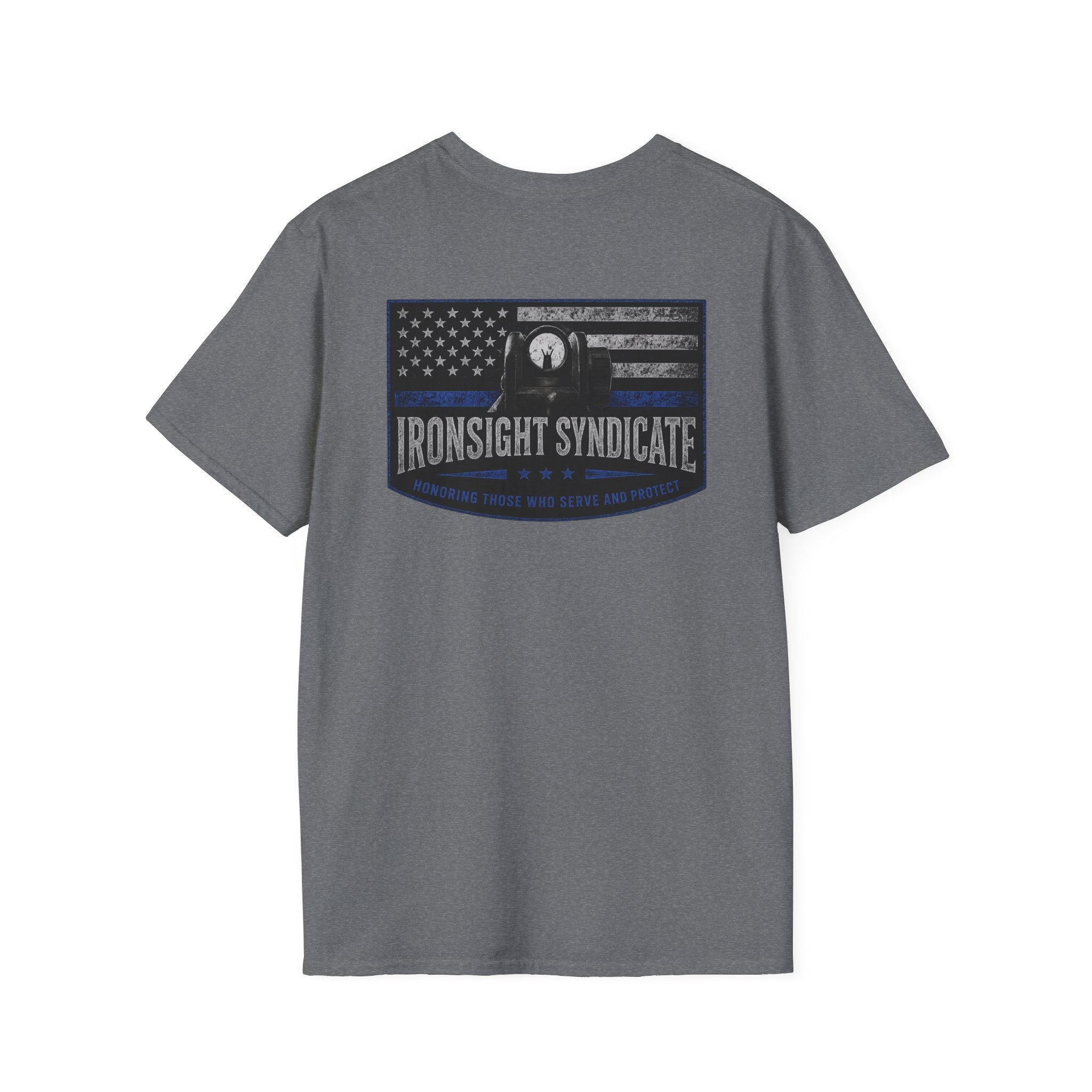 Thin Blue Line- In honor of our Brothers and Sisters in Blue T-Shirt | Patriotic Military Graphic Tee for Veterans & Patriots, Adult (13 and up), unisex