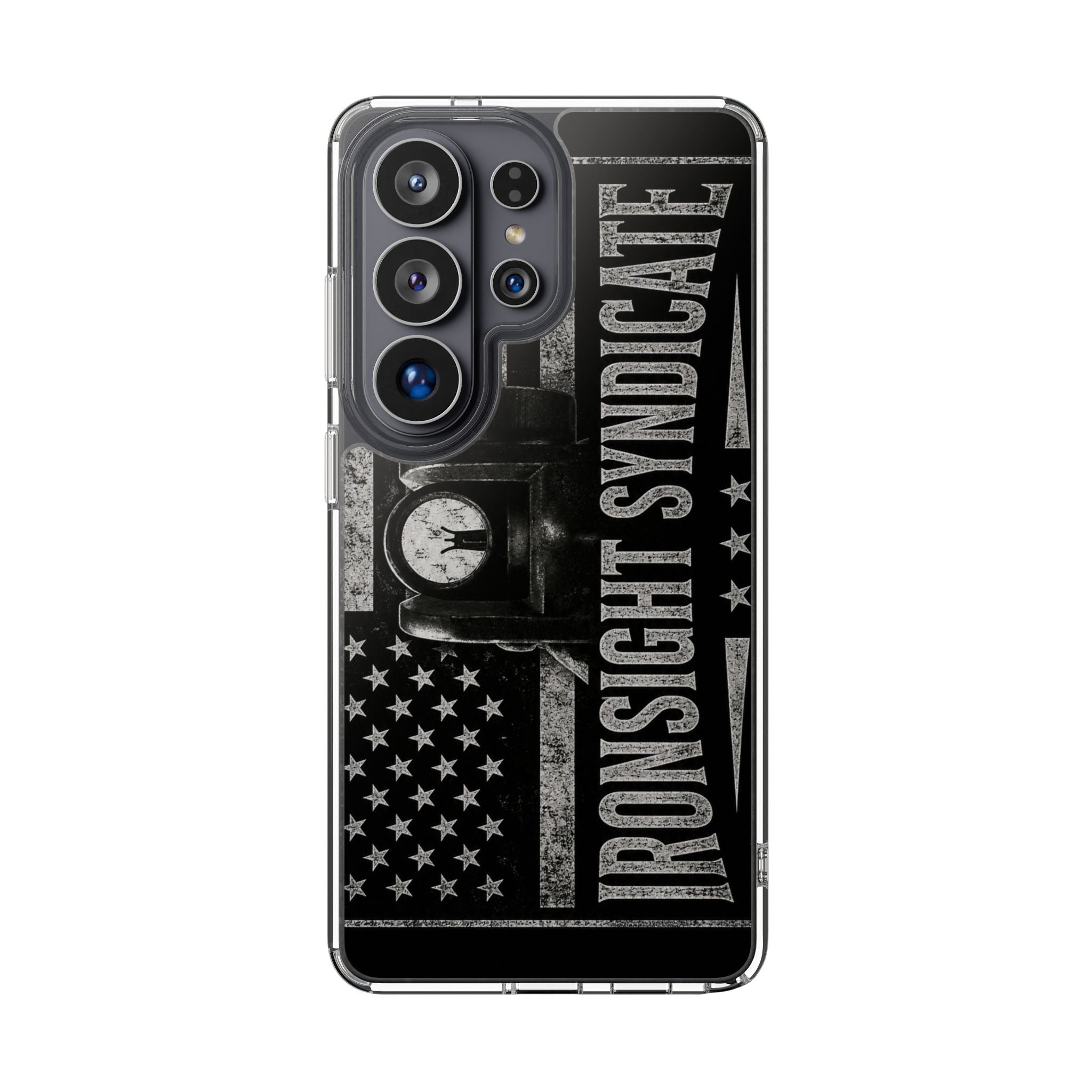 Clear Impact-Resistant Phone Case — "Ironsight Syndicate" Vintage Patriot Design