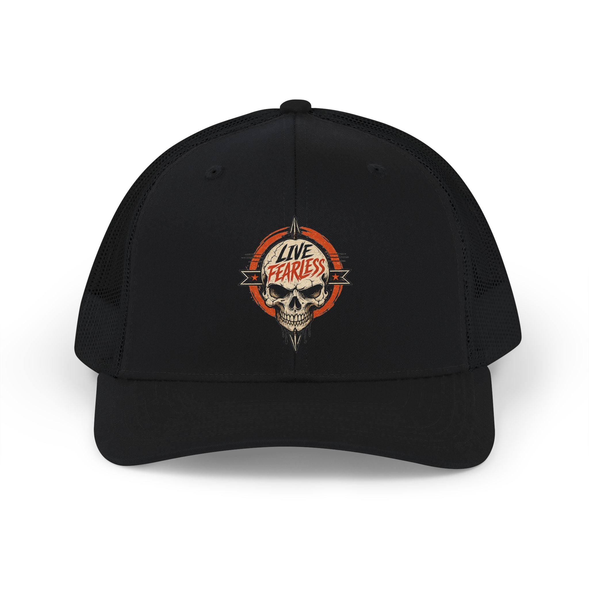 Live Fearless Skull Trucker Hat (Without Arrow) - Black / Black | Ironsight Syndicate