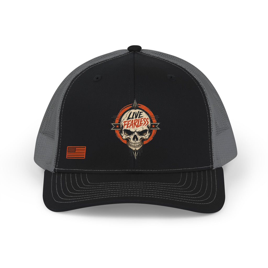 Live Fearless Skull Trucker Hat (w/o arrow) - Black / Charcoal | Ironsight Syndicate